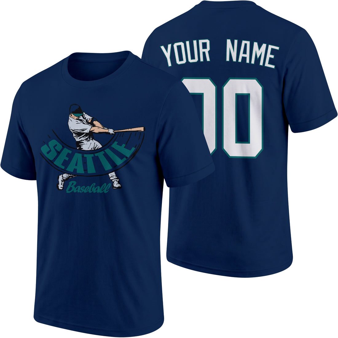 Seattle personalized adult baseball batter T shirt in Navy showing front and back with custom name and number