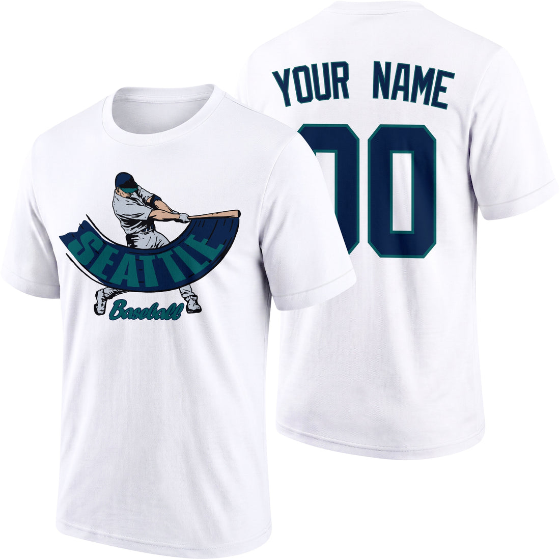 Seattle personalized adult baseball batter T shirt in Navy showing front and back with custom name and number