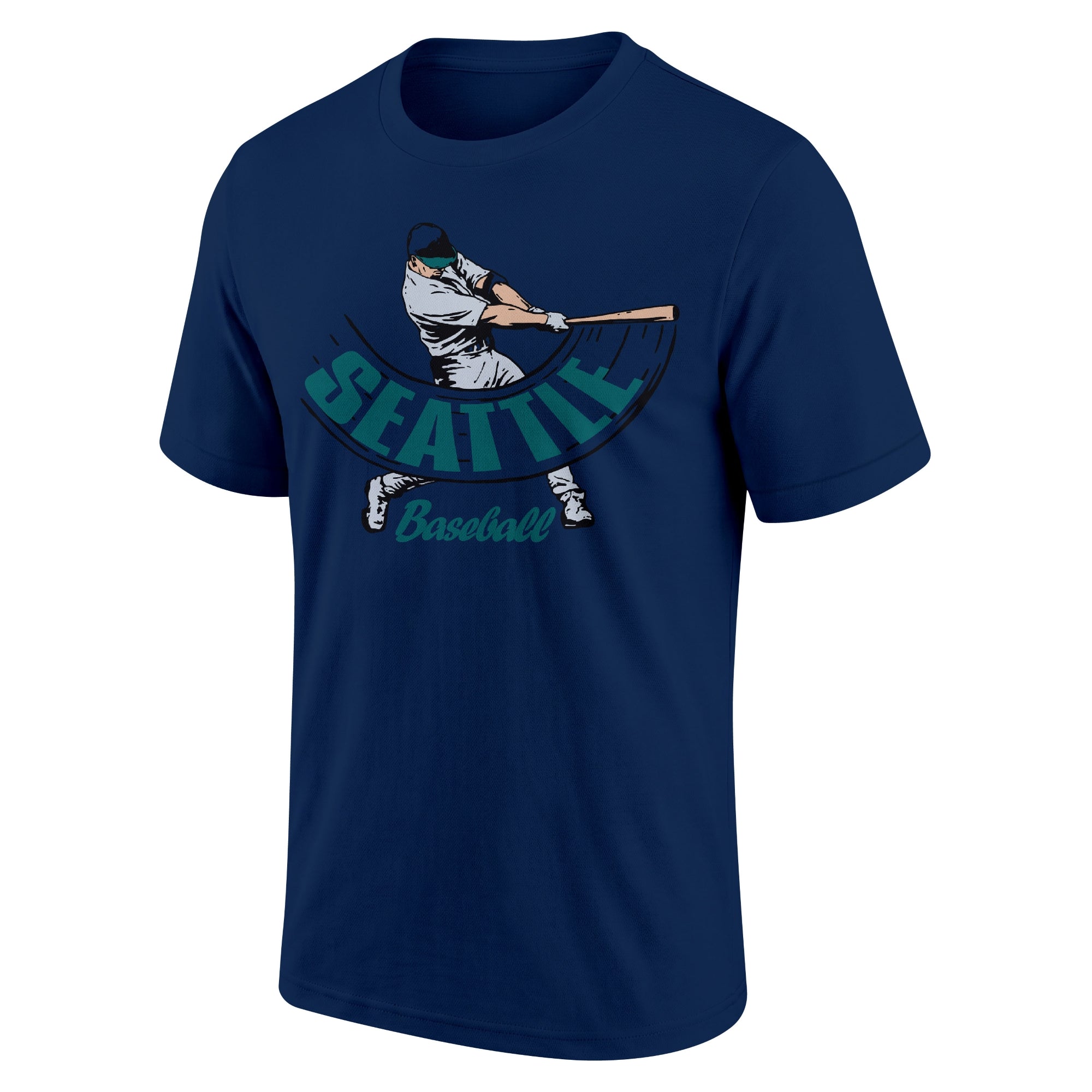 Seattle Navy adult baseball T shirt front view with city lettering baseball batter illustration and Baseball script