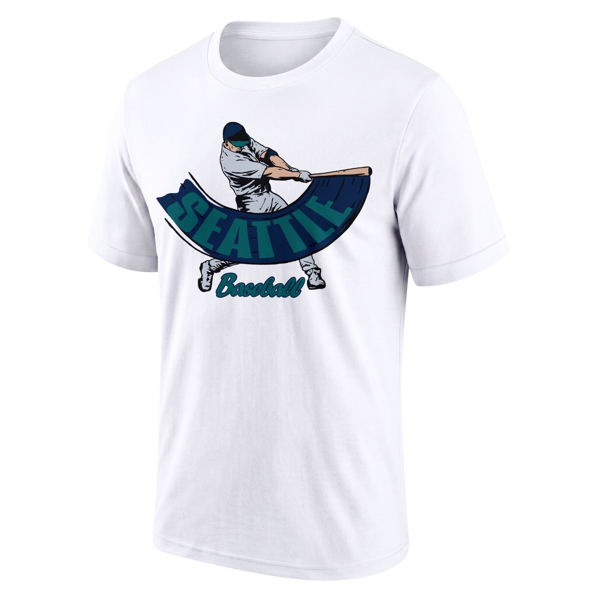 Seattle White adult baseball T shirt front view with city lettering baseball batter illustration and Baseball script