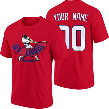 St. Louis personalized adult baseball batter T shirt in Red showing front and back with custom name and number