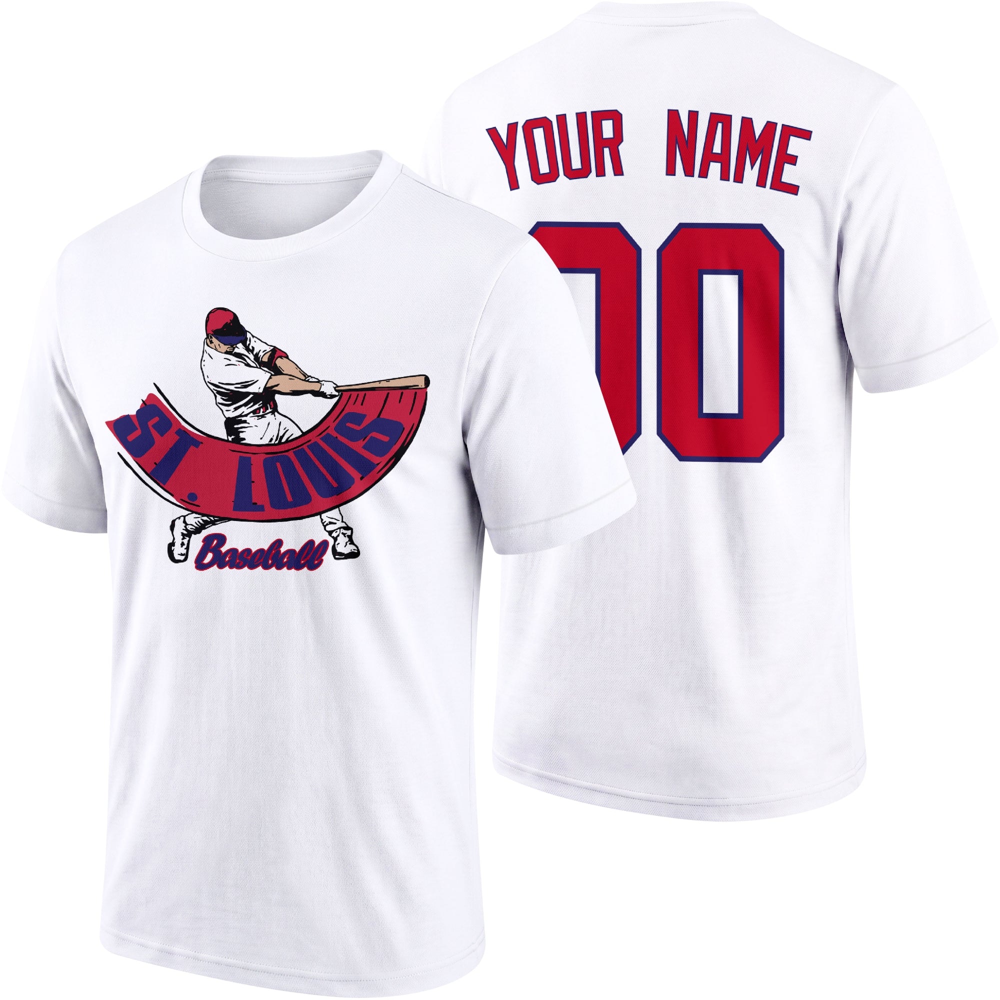 St. Louis personalized adult baseball batter T shirt in White showing front and back with custom name and number