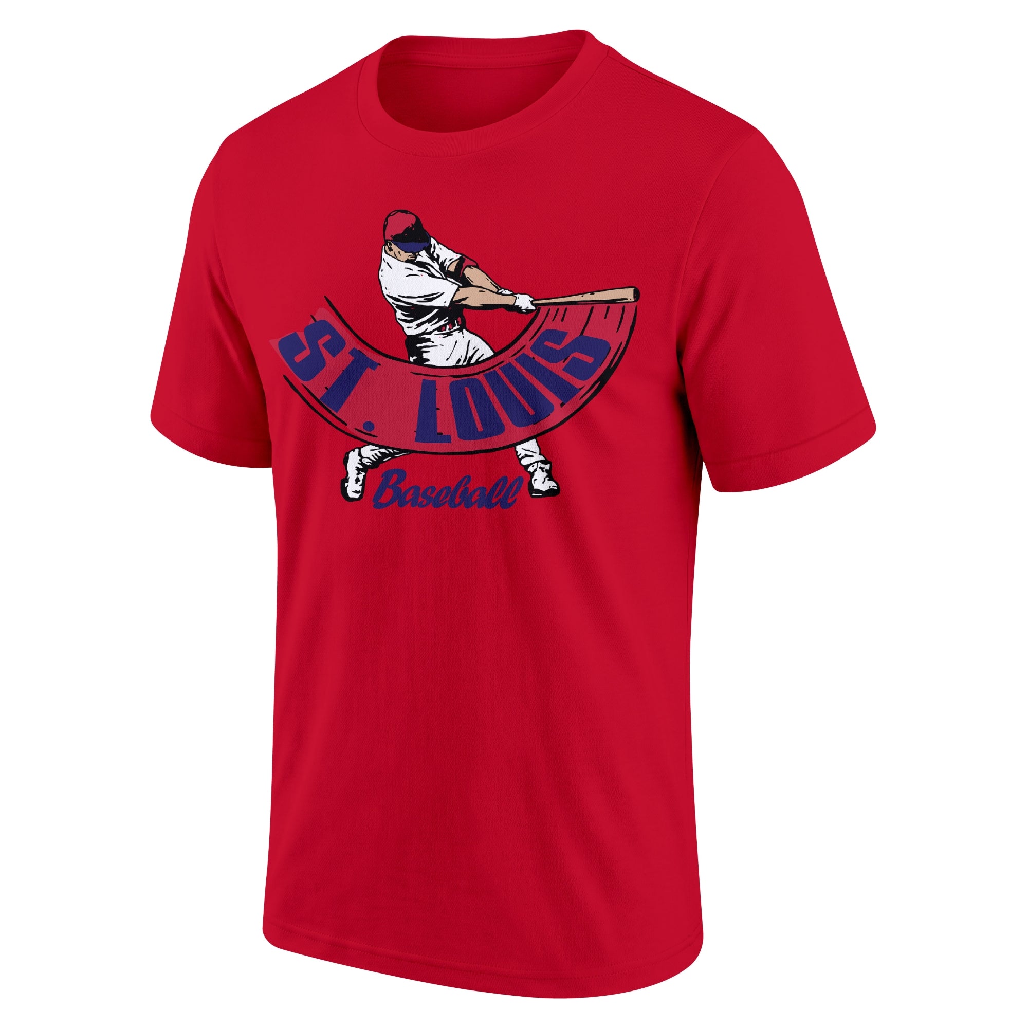St. Louis Red adult baseball T shirt front view with city lettering baseball batter illustration and Baseball script