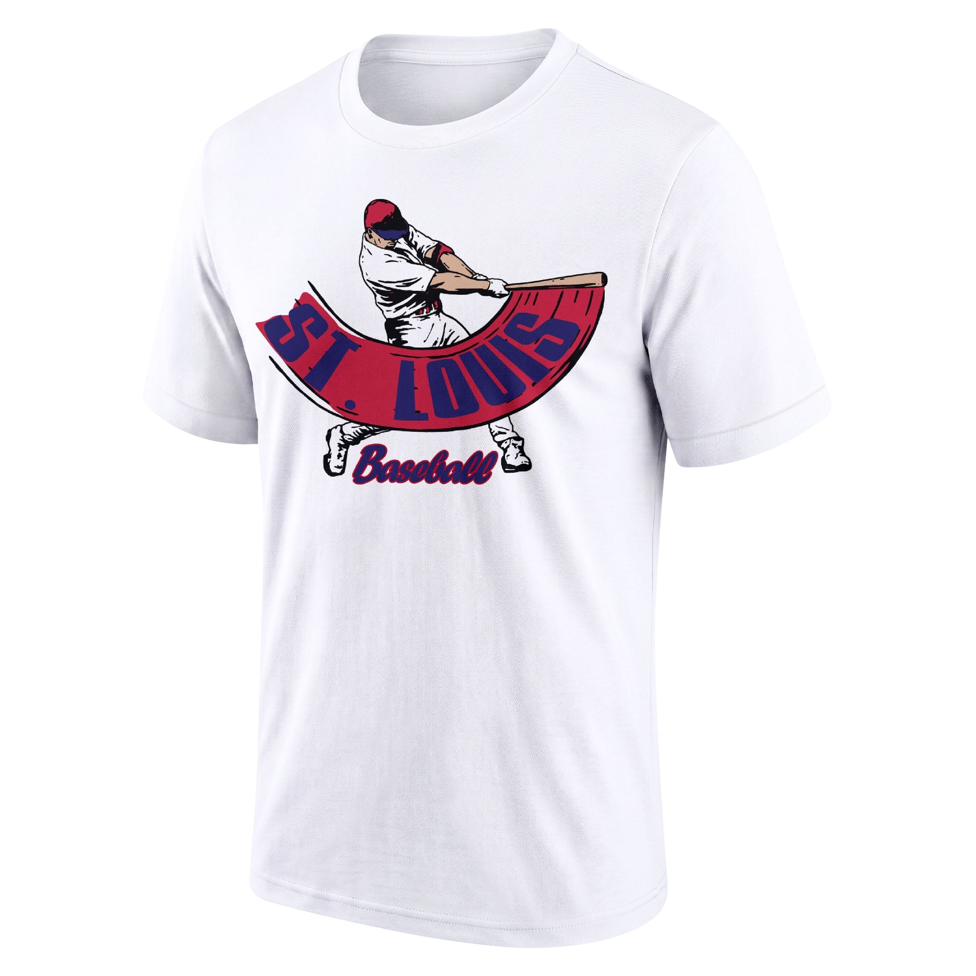 St. Louis White adult baseball T shirt front view with city lettering baseball batter illustration and Baseball script