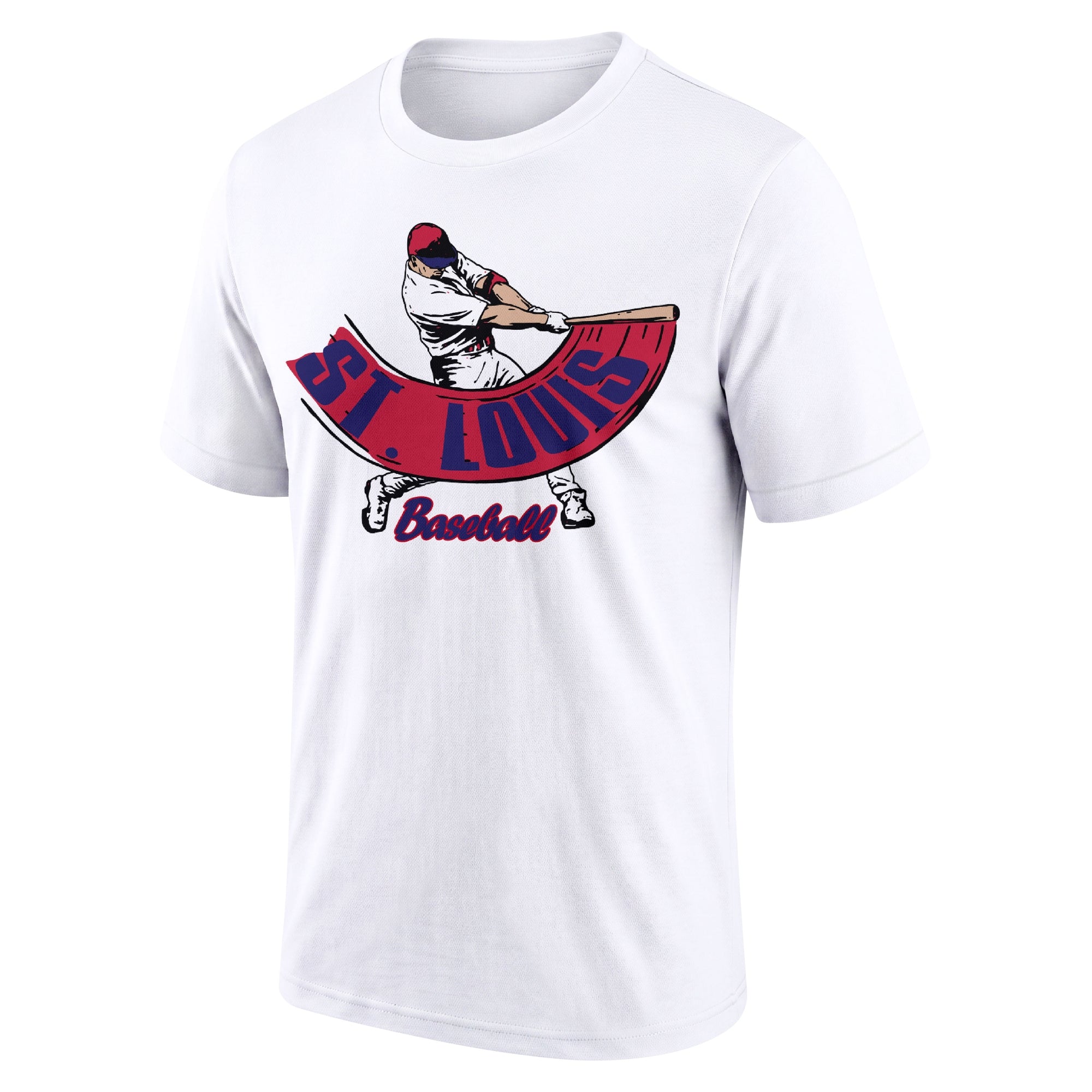 St. Louis White adult baseball T shirt front view with city lettering baseball batter illustration and Baseball script