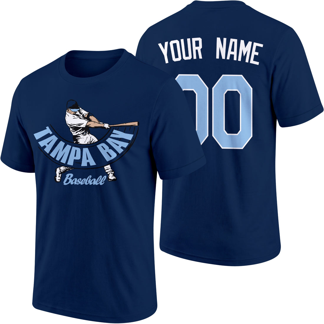 Tampa Bay personalized adult baseball batter T shirt in Navy showing front and back with custom name and number
