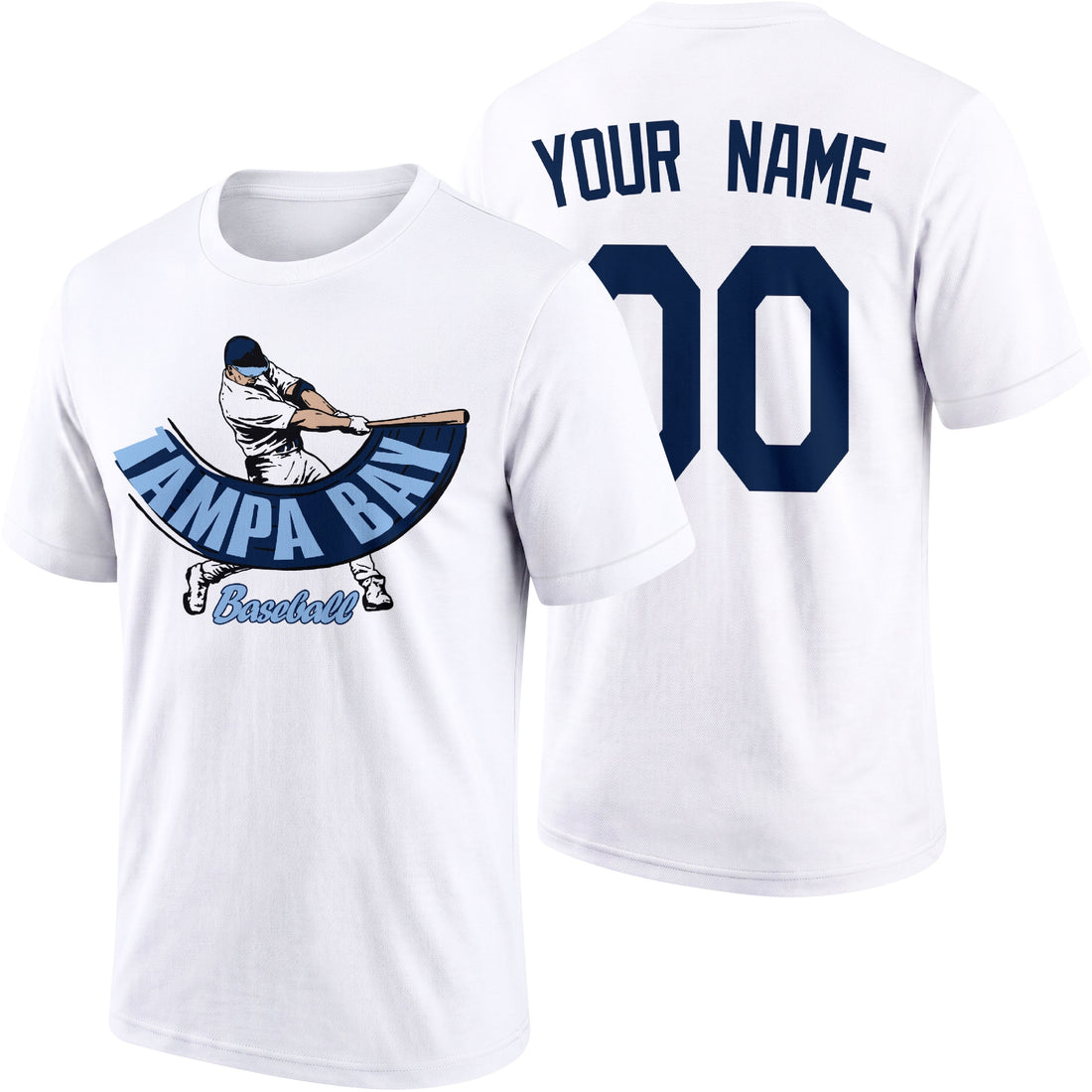 Tampa Bay personalized adult baseball batter T shirt in Navy showing front and back with custom name and number