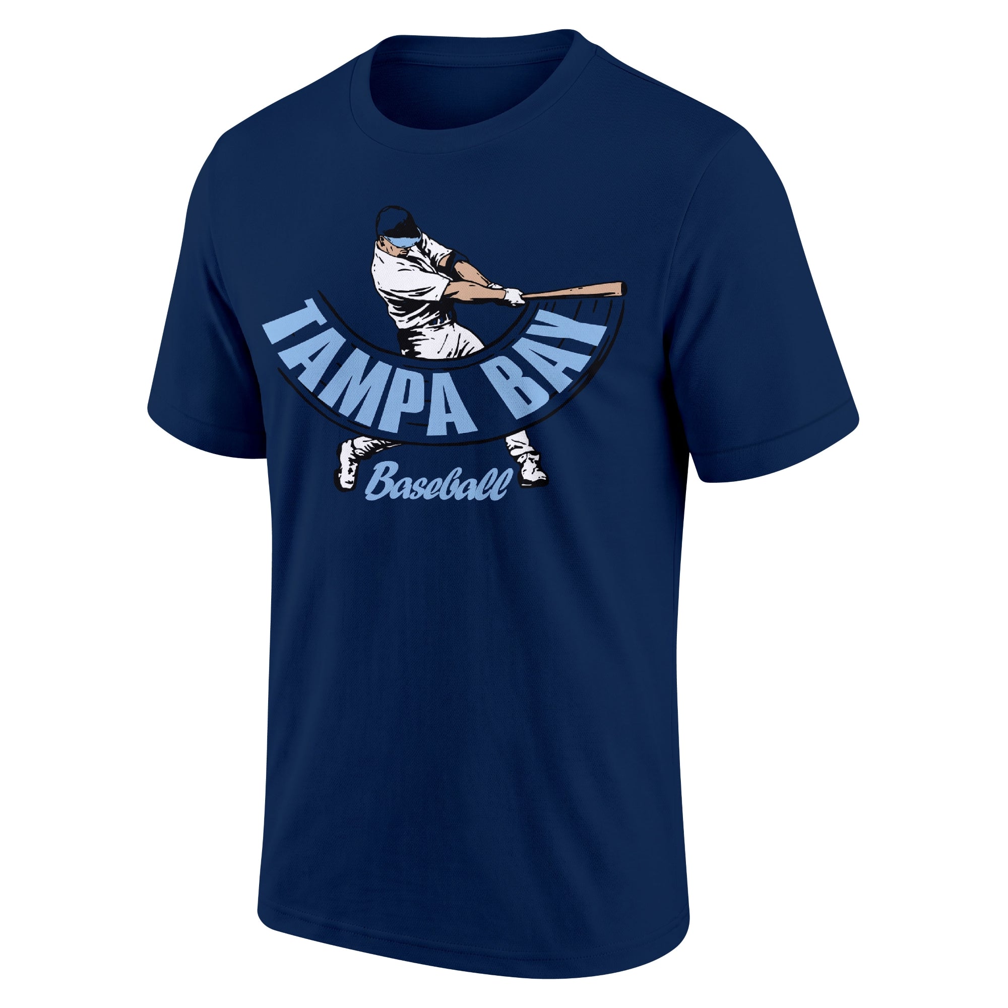 Tampa Bay Navy adult baseball T shirt front view with city lettering baseball batter illustration and Baseball script