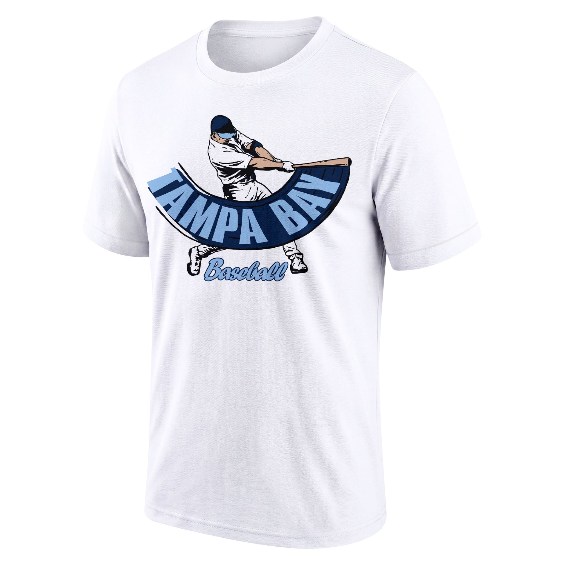 Tampa Bay White adult baseball T shirt front view with city lettering baseball batter illustration and Baseball script