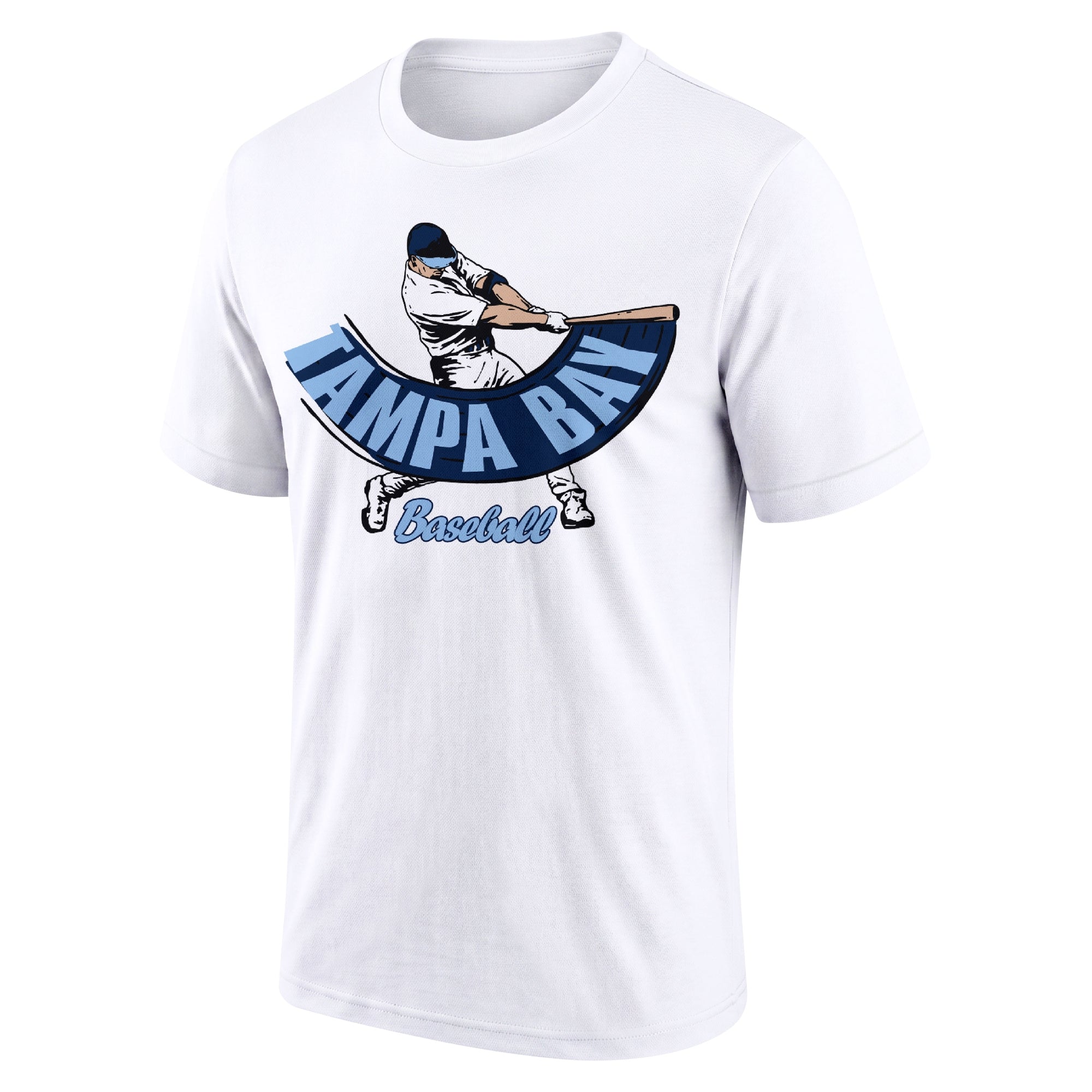 Tampa Bay White adult baseball T shirt front view with city lettering baseball batter illustration and Baseball script
