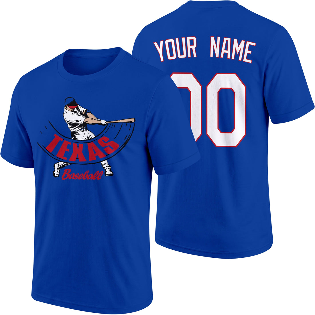 Texas personalized adult baseball batter T shirt in Royal showing front and back with custom name and number