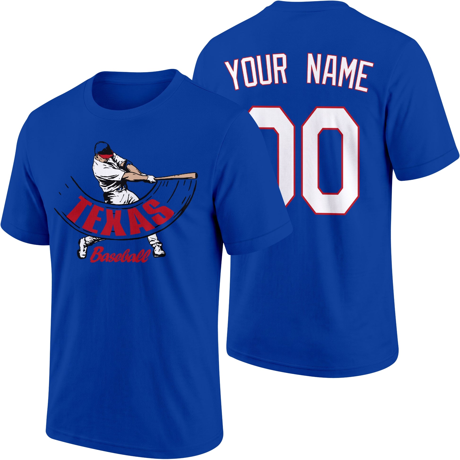 Texas personalized adult baseball batter T shirt in Royal showing front and back with custom name and number