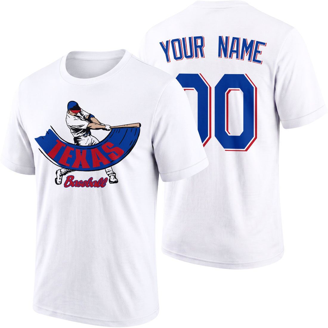 Texas personalized adult baseball batter T shirt in Royal showing front and back with custom name and number