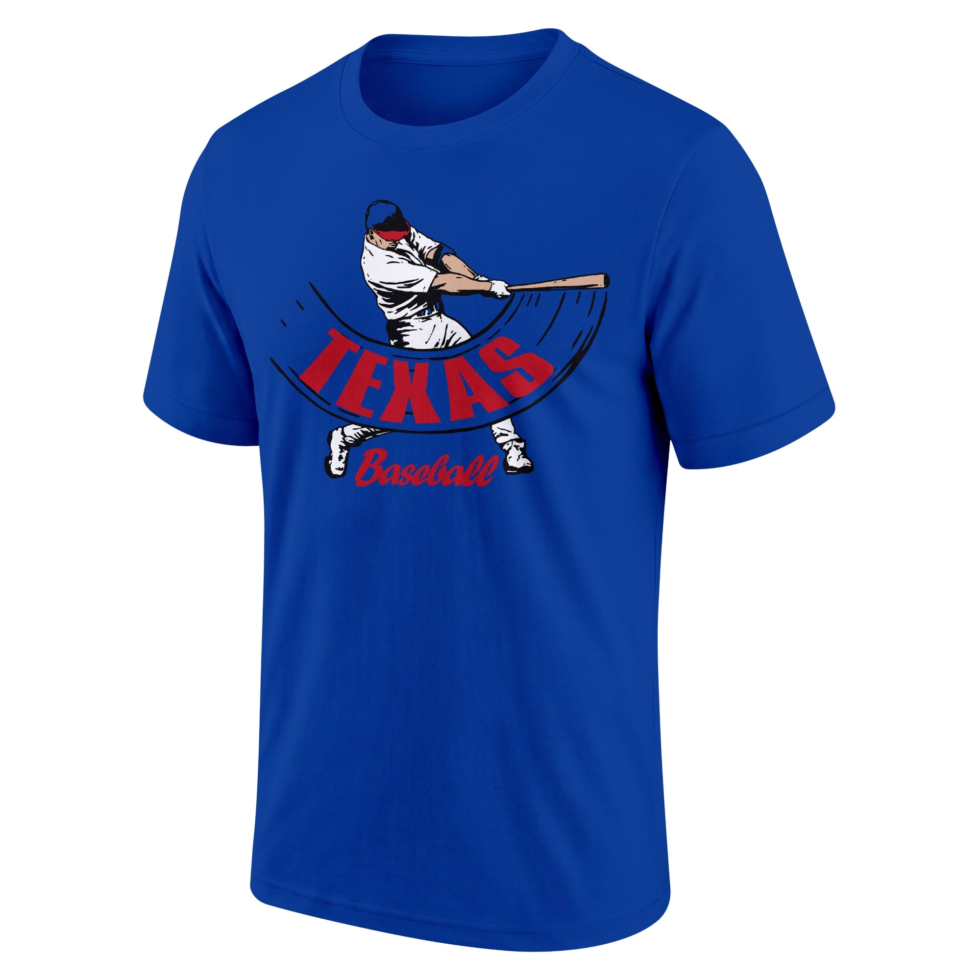 Texas Royal adult baseball T shirt front view with city lettering baseball batter illustration and Baseball script