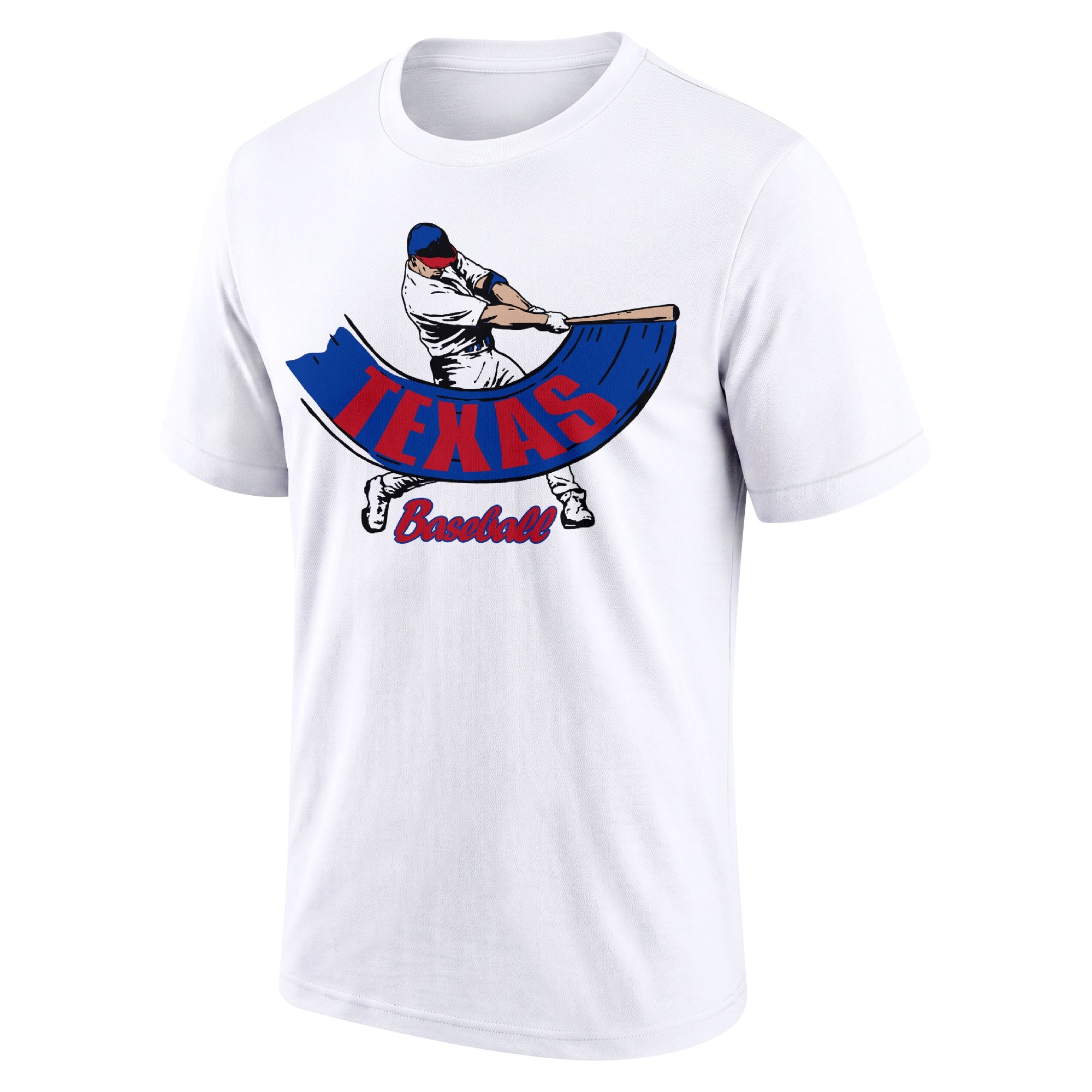 Texas White adult baseball T shirt front view with city lettering baseball batter illustration and Baseball script