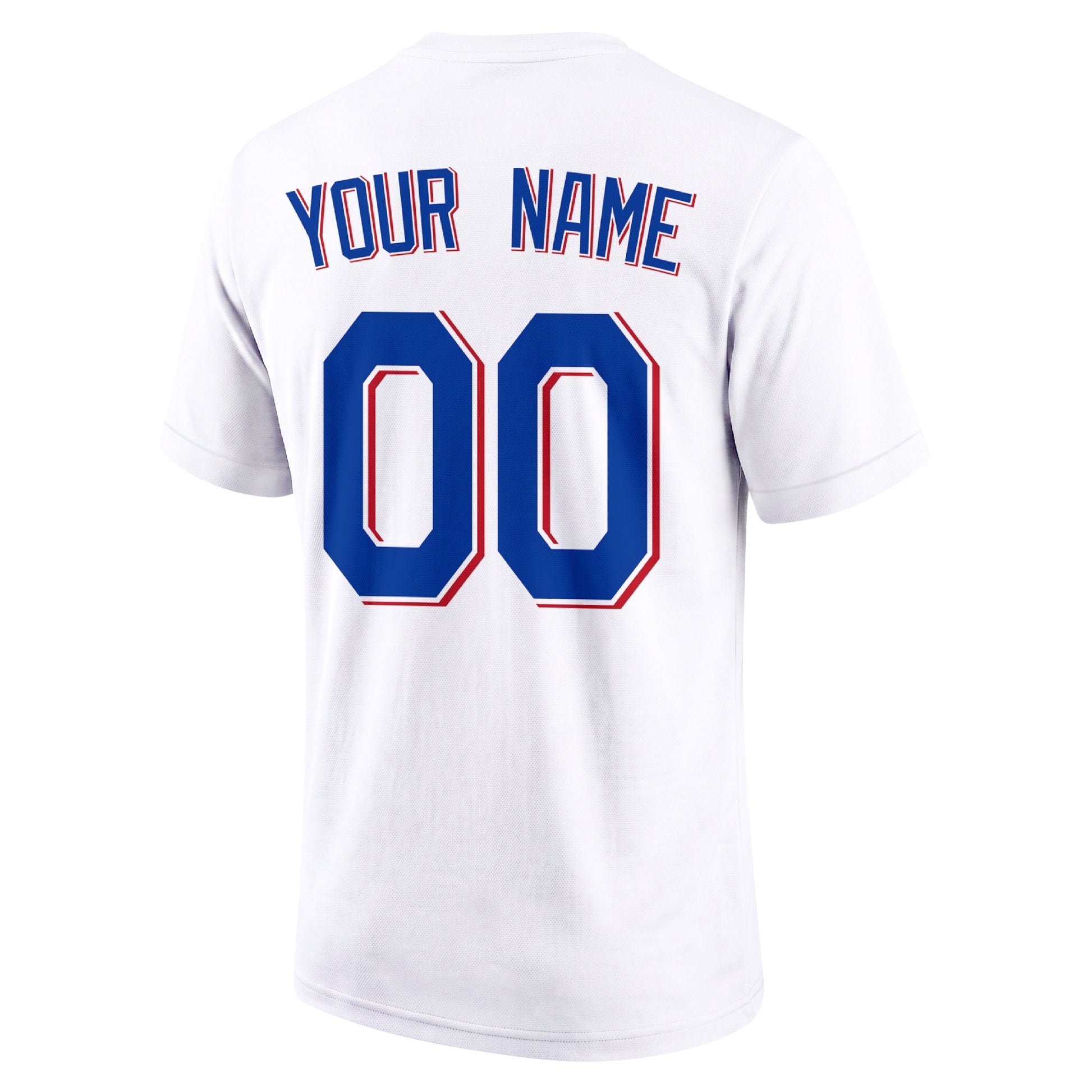 Texas White adult baseball T shirt back view with customizable name and large jersey style number