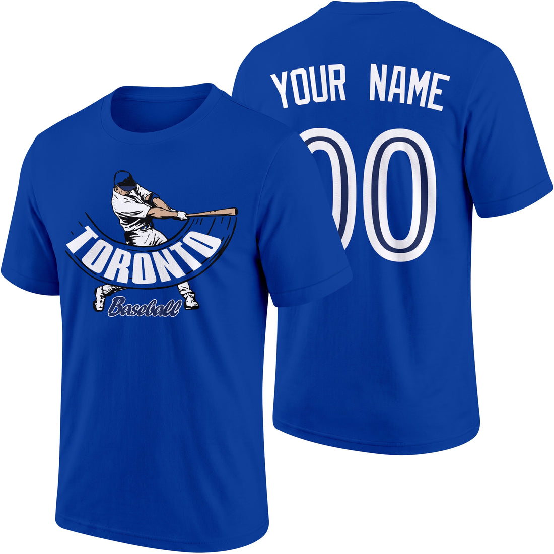 Toronto personalized adult baseball batter T shirt in Royal showing front and back with custom name and number