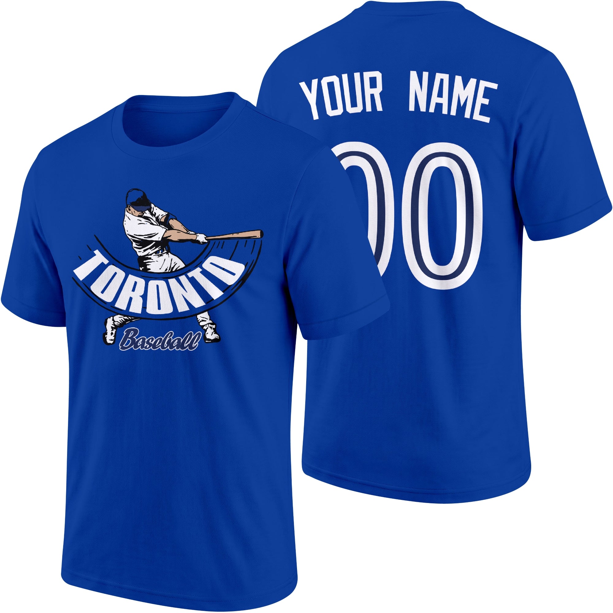 Toronto personalized adult baseball batter T shirt in Royal showing front and back with custom name and number