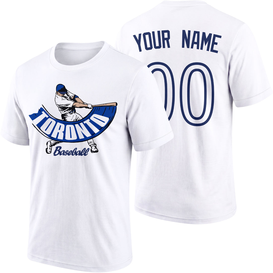 Toronto personalized adult baseball batter T shirt in Royal showing front and back with custom name and number