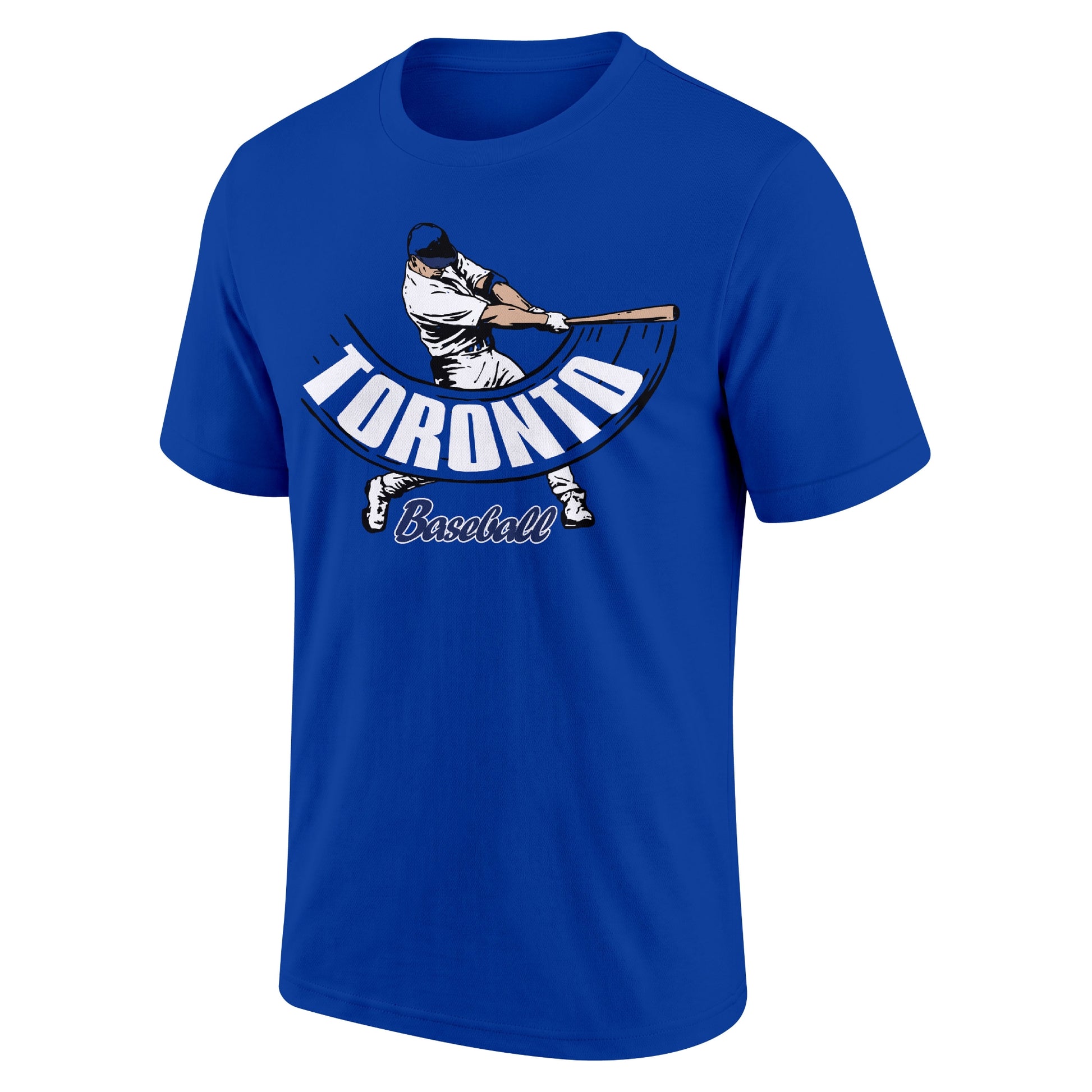 Toronto Royal adult baseball T shirt front view with city lettering baseball batter illustration and Baseball script