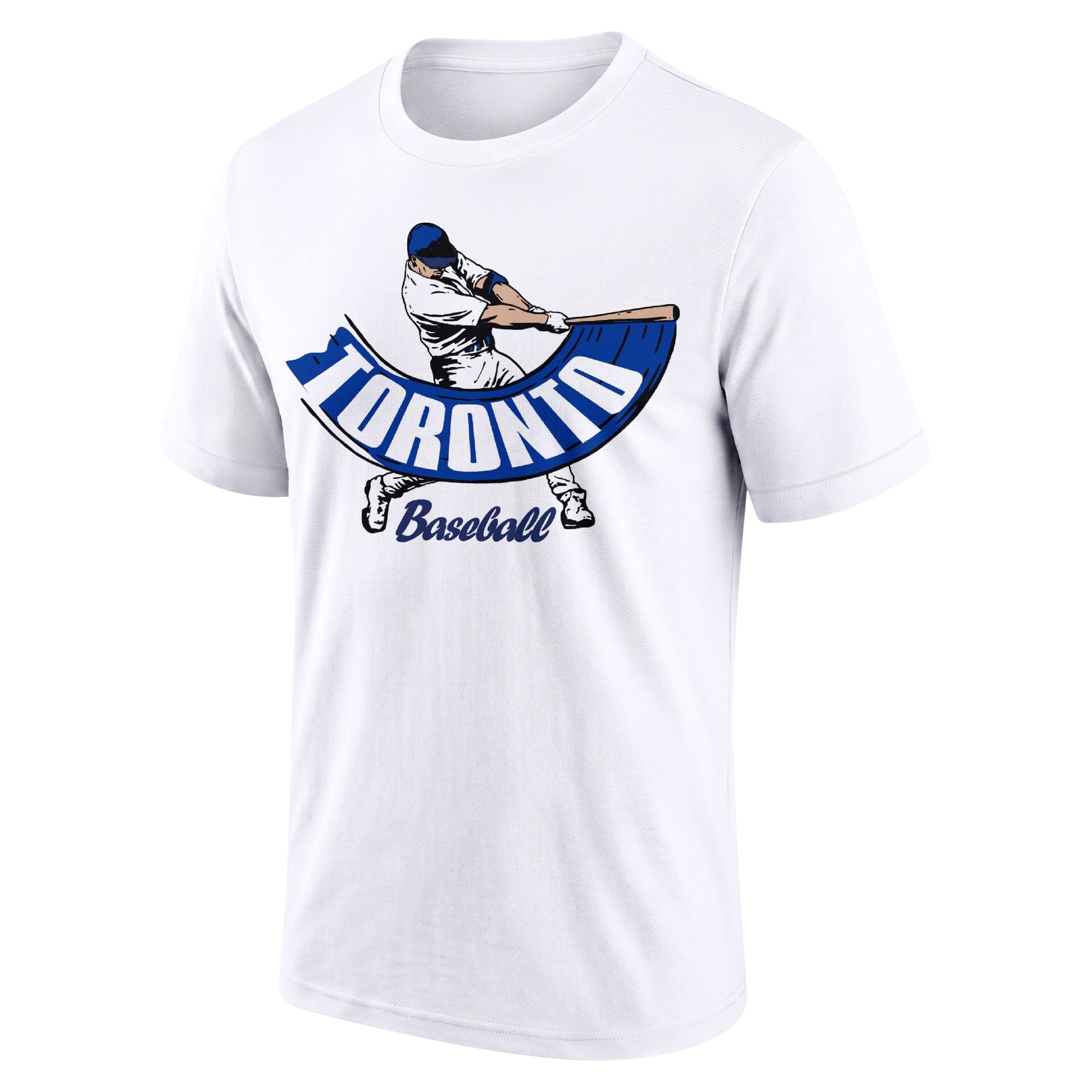 Toronto White adult baseball T shirt front view with city lettering baseball batter illustration and Baseball script