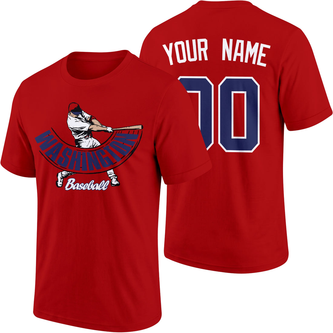 Washington personalized adult baseball batter T shirt in Red showing front and back with custom name and number