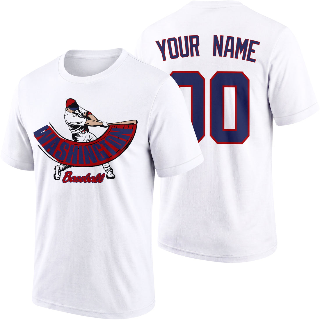 Washington personalized adult baseball batter T shirt in Red showing front and back with custom name and number