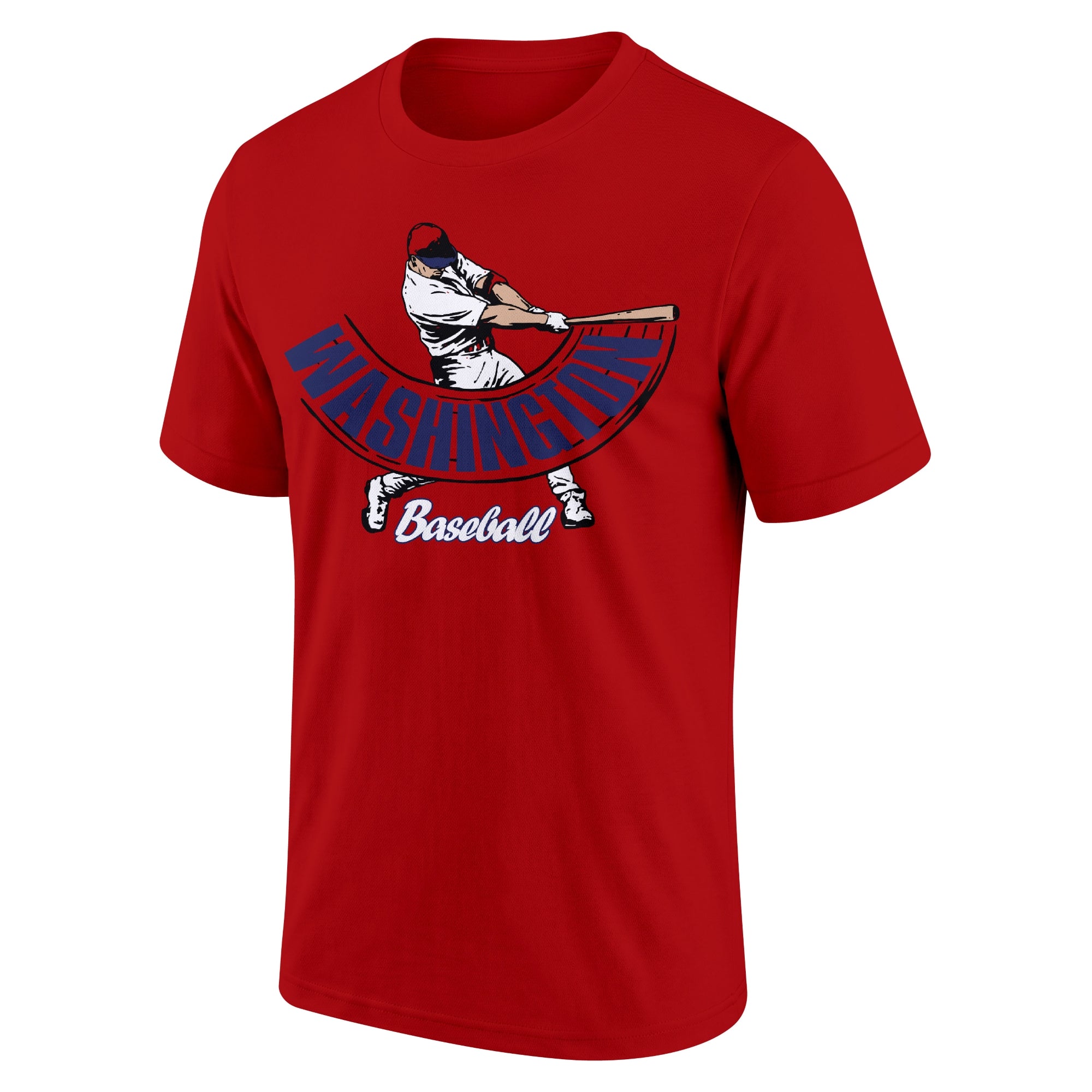 Washington Red adult baseball T shirt front view with city lettering baseball batter illustration and Baseball script