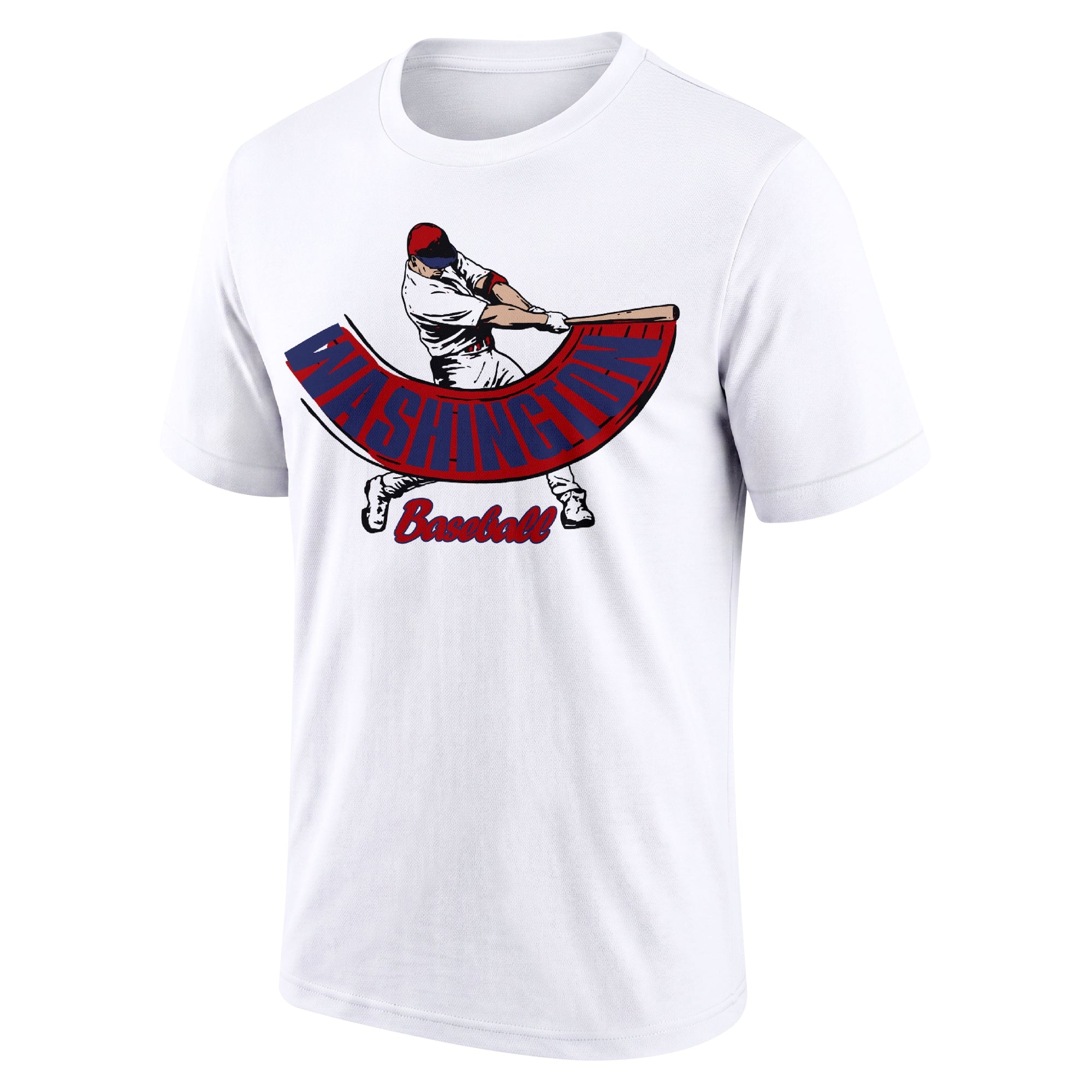 Washington White adult baseball T shirt front view with city lettering baseball batter illustration and Baseball script