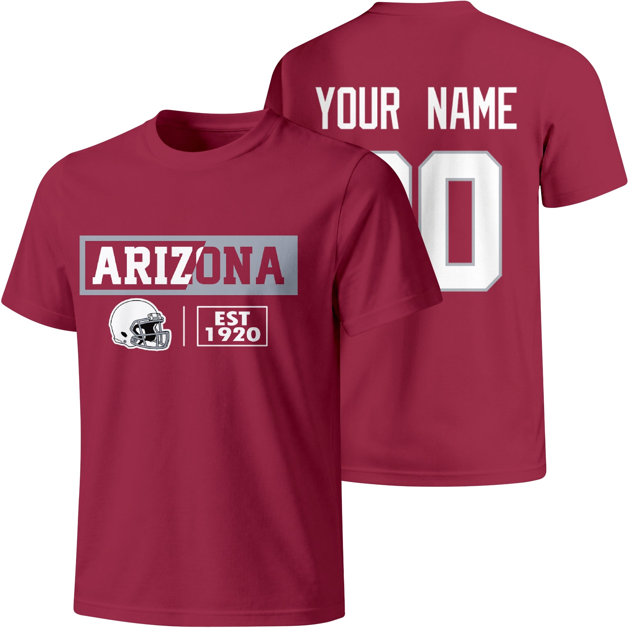 Arizona personalized football badge T shirt in Red showing front city helmet design and back custom name and number
