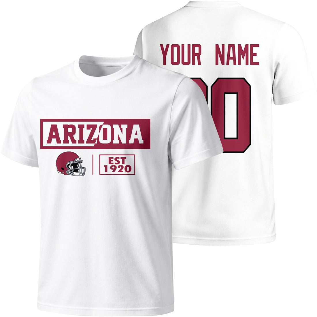 Arizona personalized football badge T shirt in Red showing front city helmet design and back custom name and number