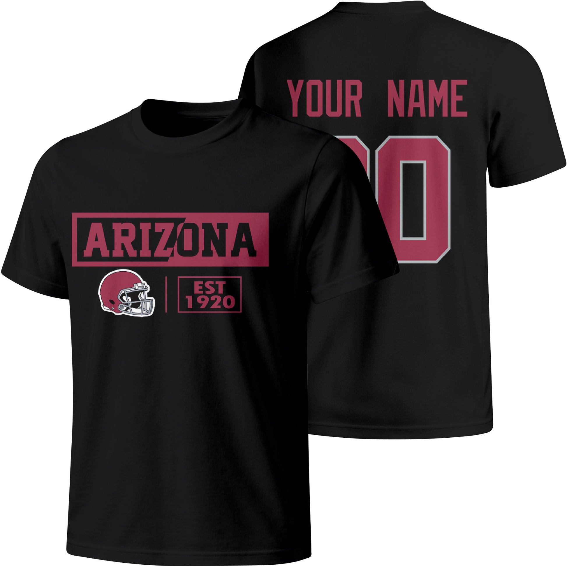 Arizona personalized football badge T shirt in Black showing front city helmet design and back custom name and number