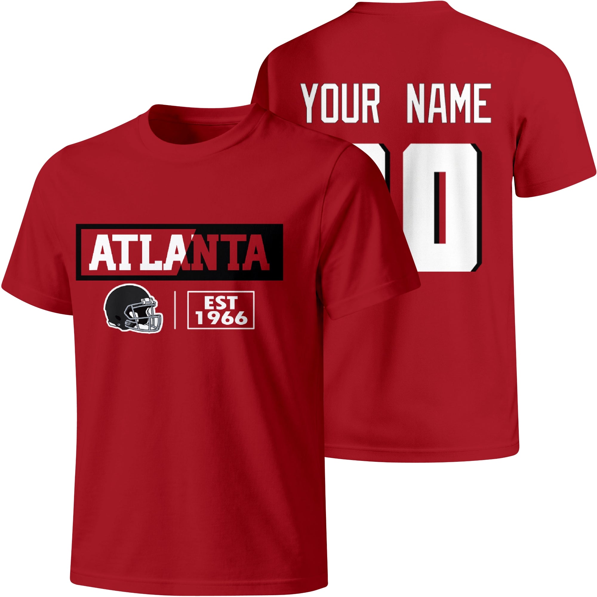 Atlanta personalized football badge T shirt in Red showing front city helmet design and back custom name and number