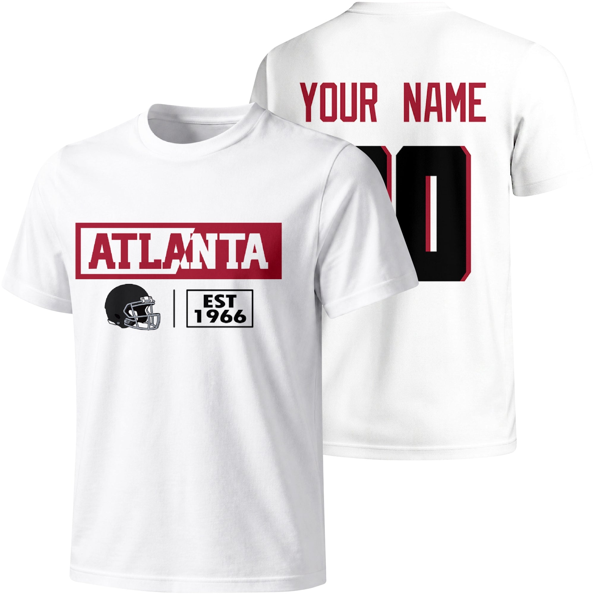 Atlanta personalized football badge T shirt in White showing front city helmet design and back custom name and number