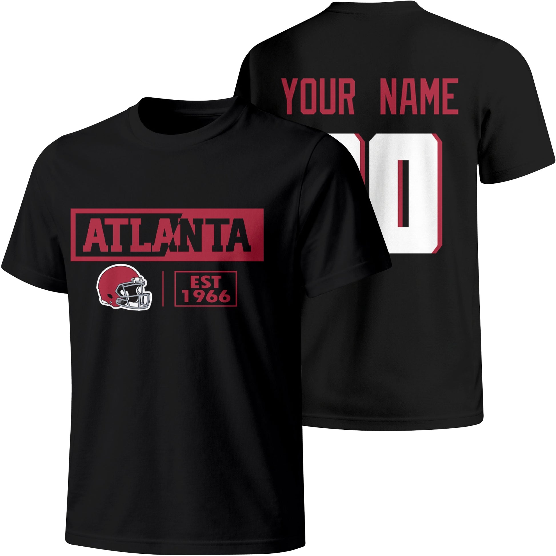 Atlanta personalized football badge T shirt in Black showing front city helmet design and back custom name and number