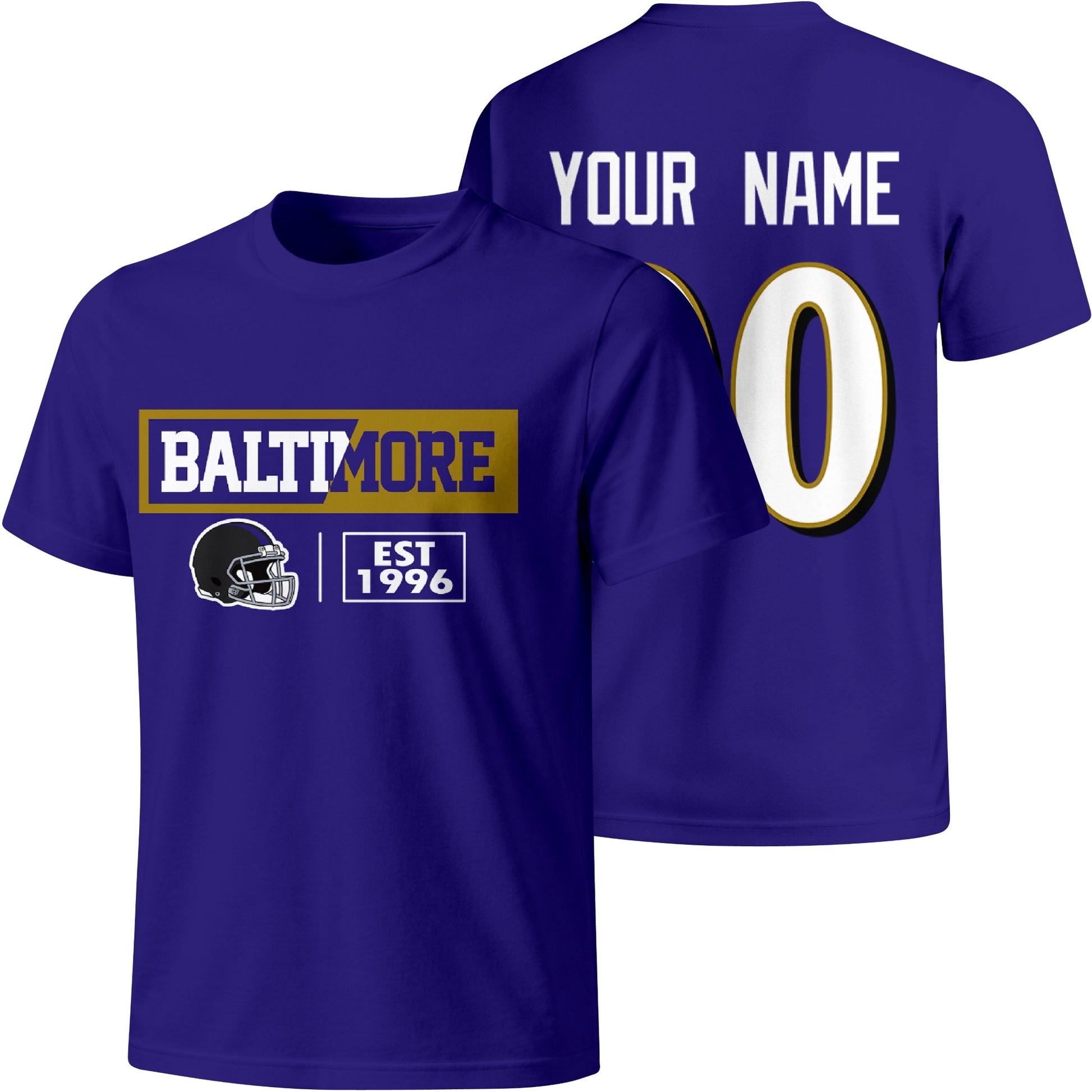 Baltimore personalized football badge T shirt in Purple showing front city helmet design and back custom name and number
