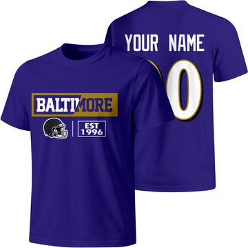 Baltimore personalized football badge T shirt in Purple showing front city helmet design and back custom name and number