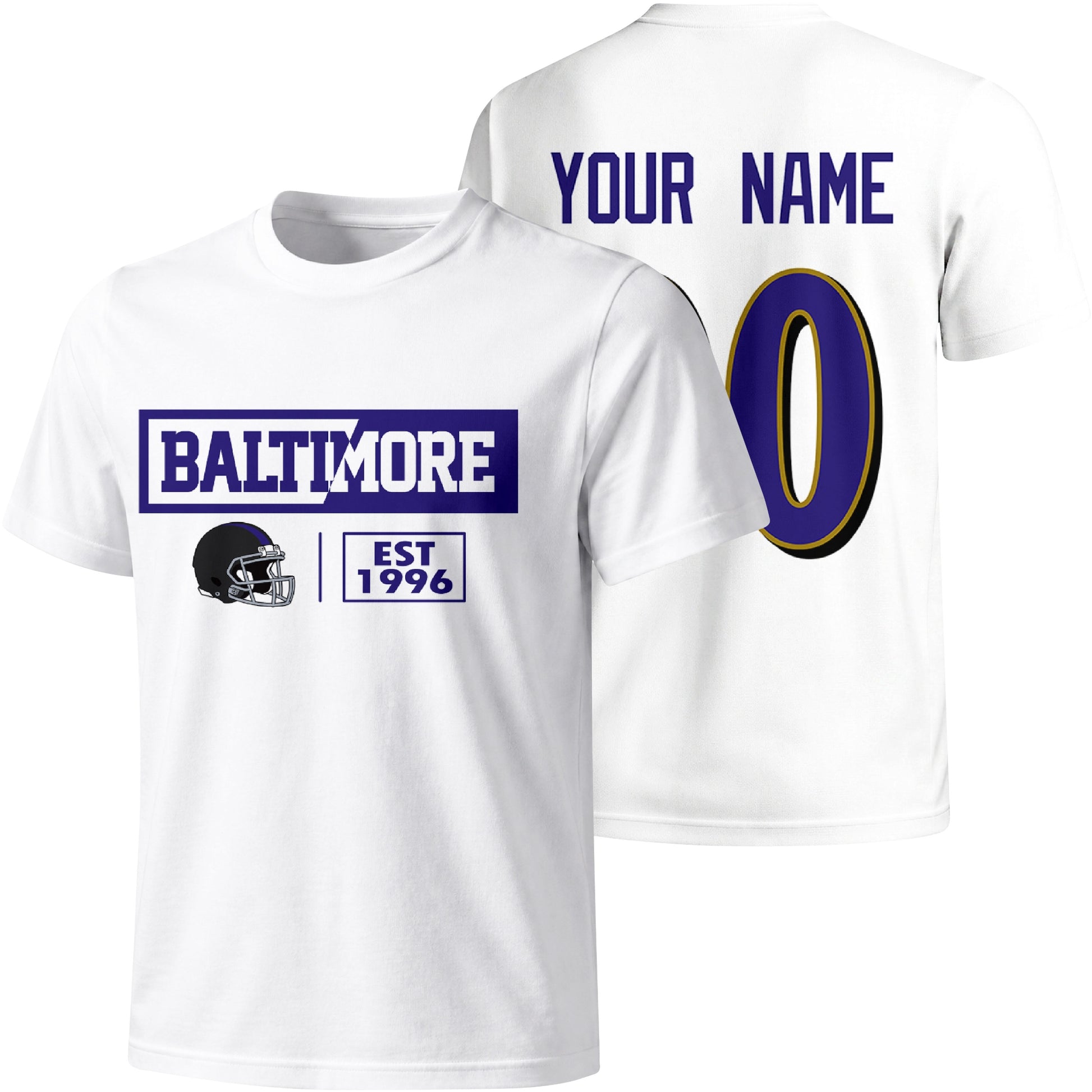 Baltimore personalized football badge T shirt in White showing front city helmet design and back custom name and number