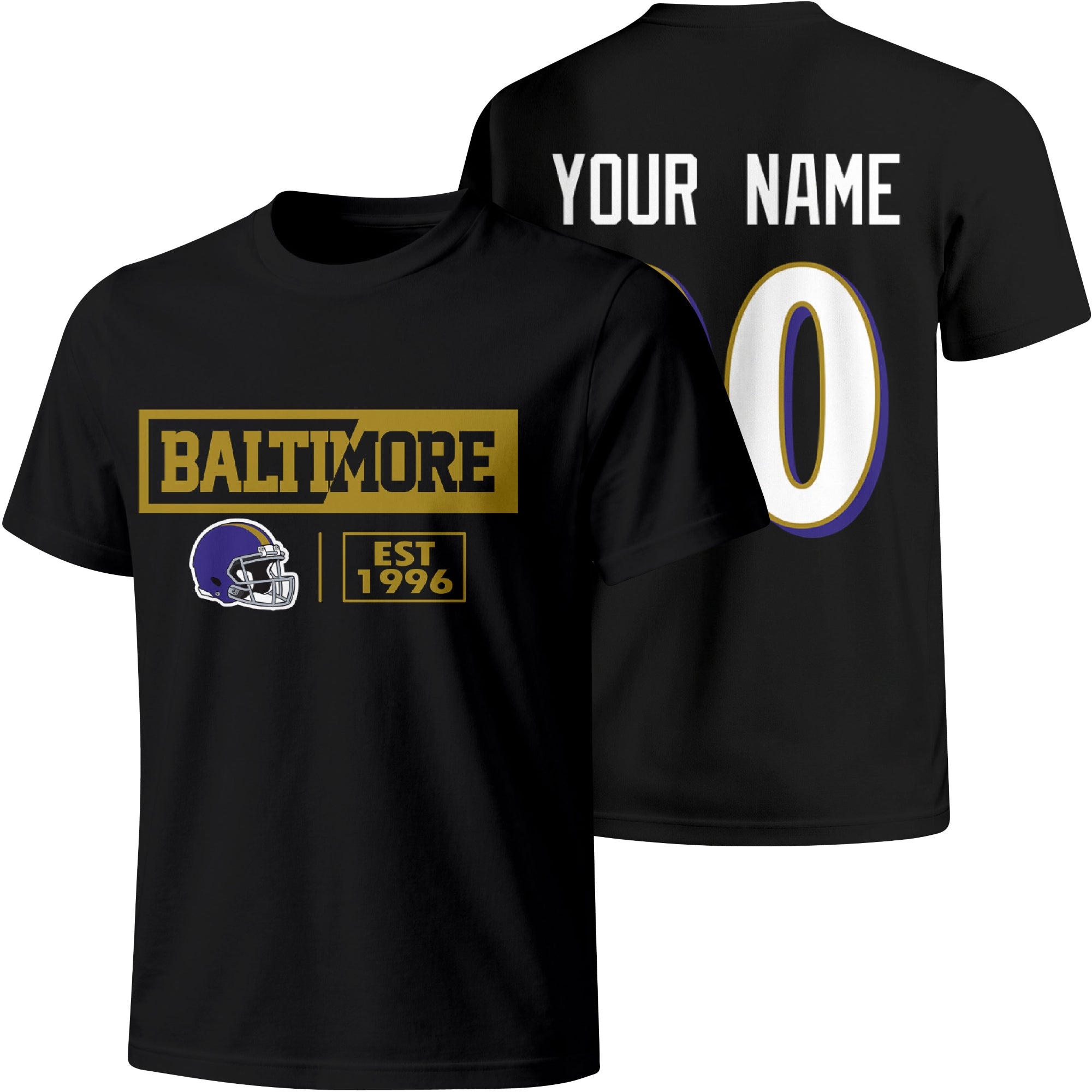 Baltimore personalized football badge T shirt in Black showing front city helmet design and back custom name and number