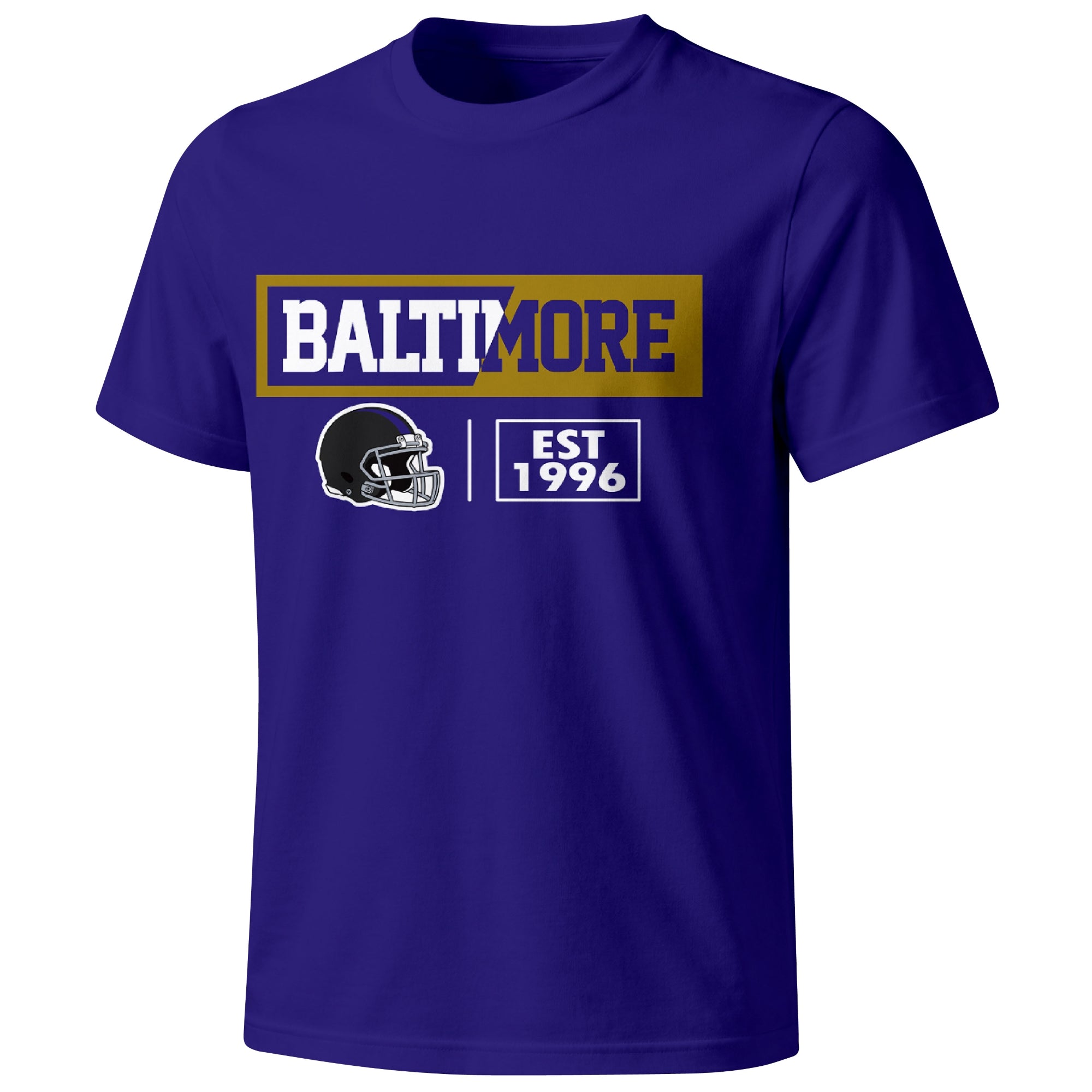 Baltimore football badge T shirt in Purple showing the front city and football helmet design
