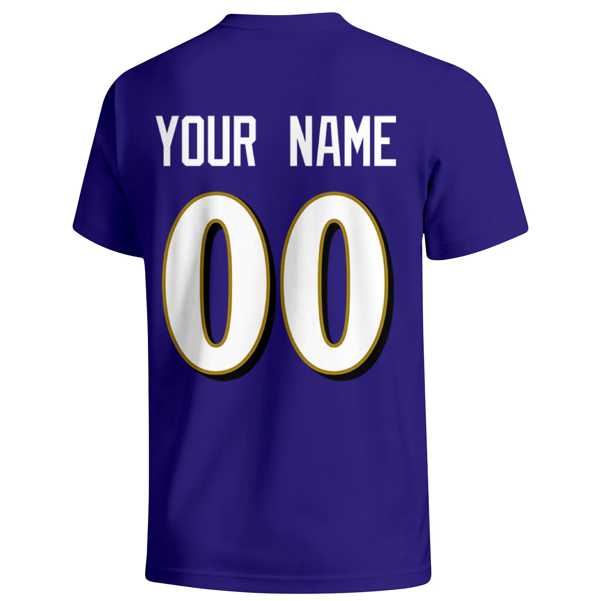 Baltimore personalized football badge T shirt in Purple showing the back custom name and number