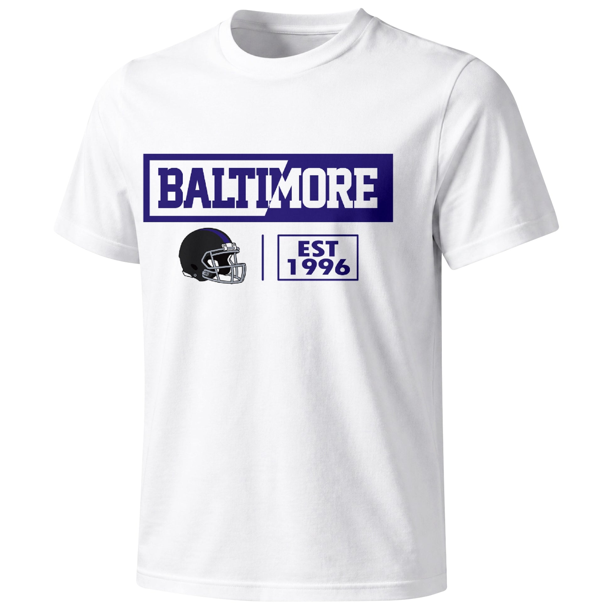 Baltimore football badge T shirt in White showing the front city and football helmet design