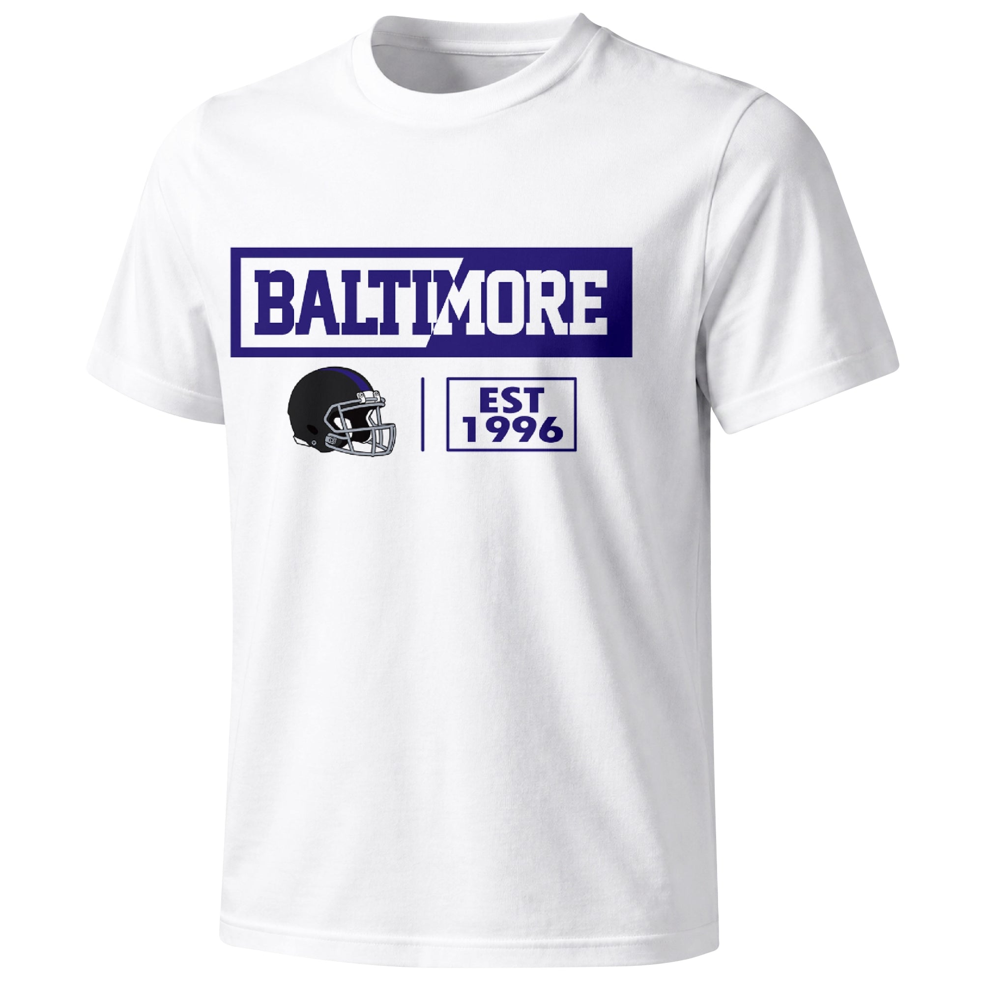 Baltimore football badge T shirt in White showing the front city and football helmet design