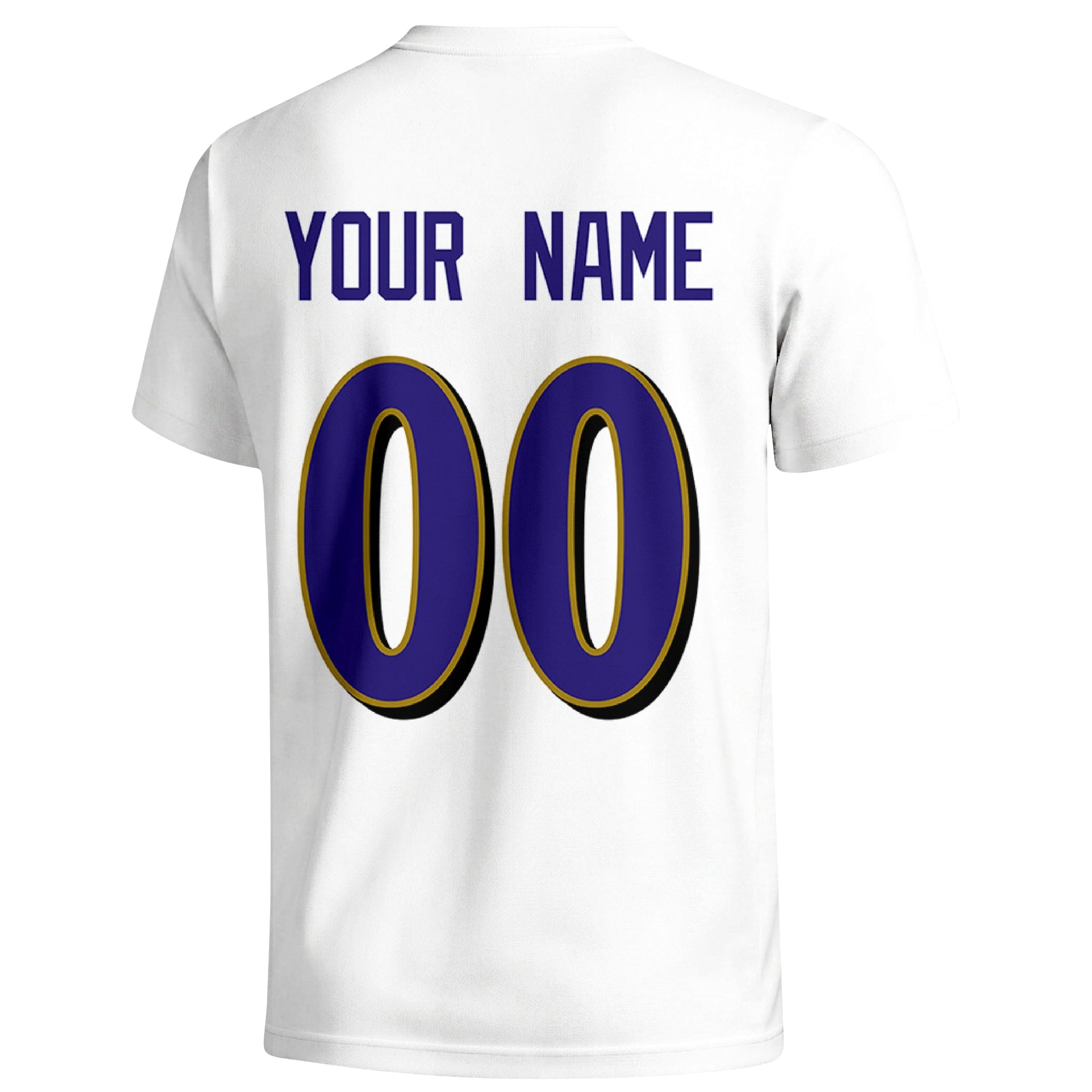 Baltimore personalized football badge T shirt in White showing the back custom name and number