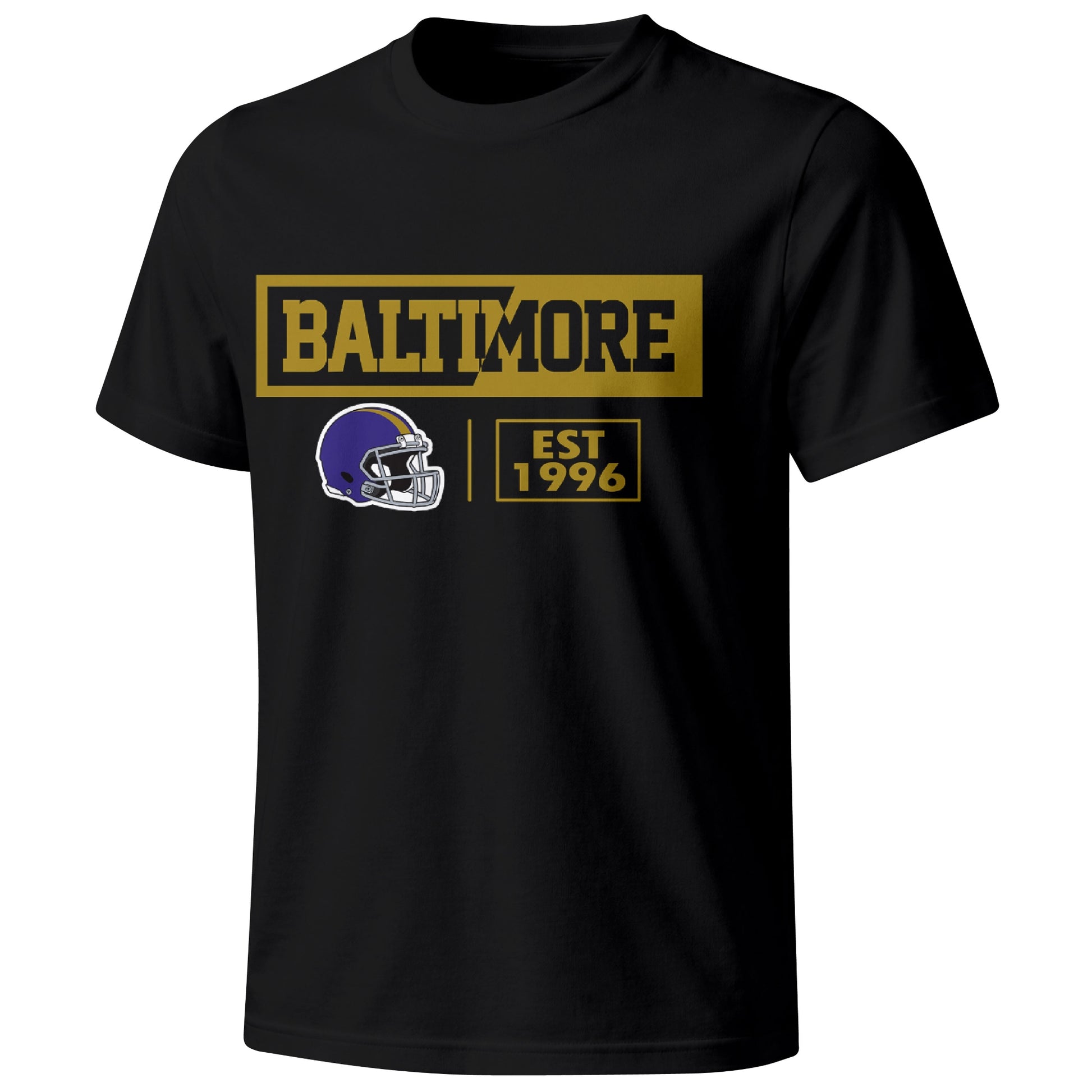 Baltimore football badge T shirt in Black showing the front city and football helmet design