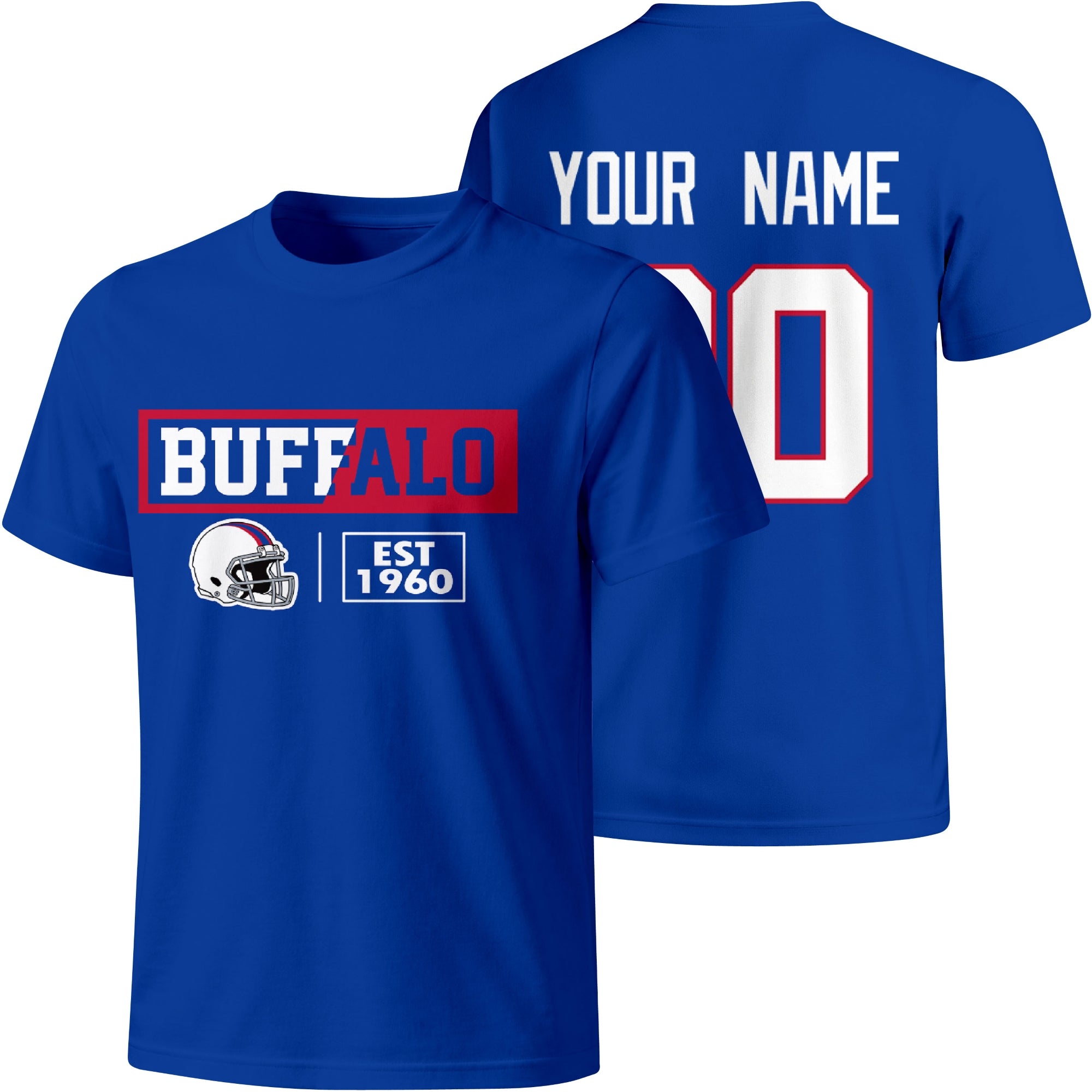 Buffalo personalized football badge T shirt in Royal showing front city helmet design and back custom name and number
