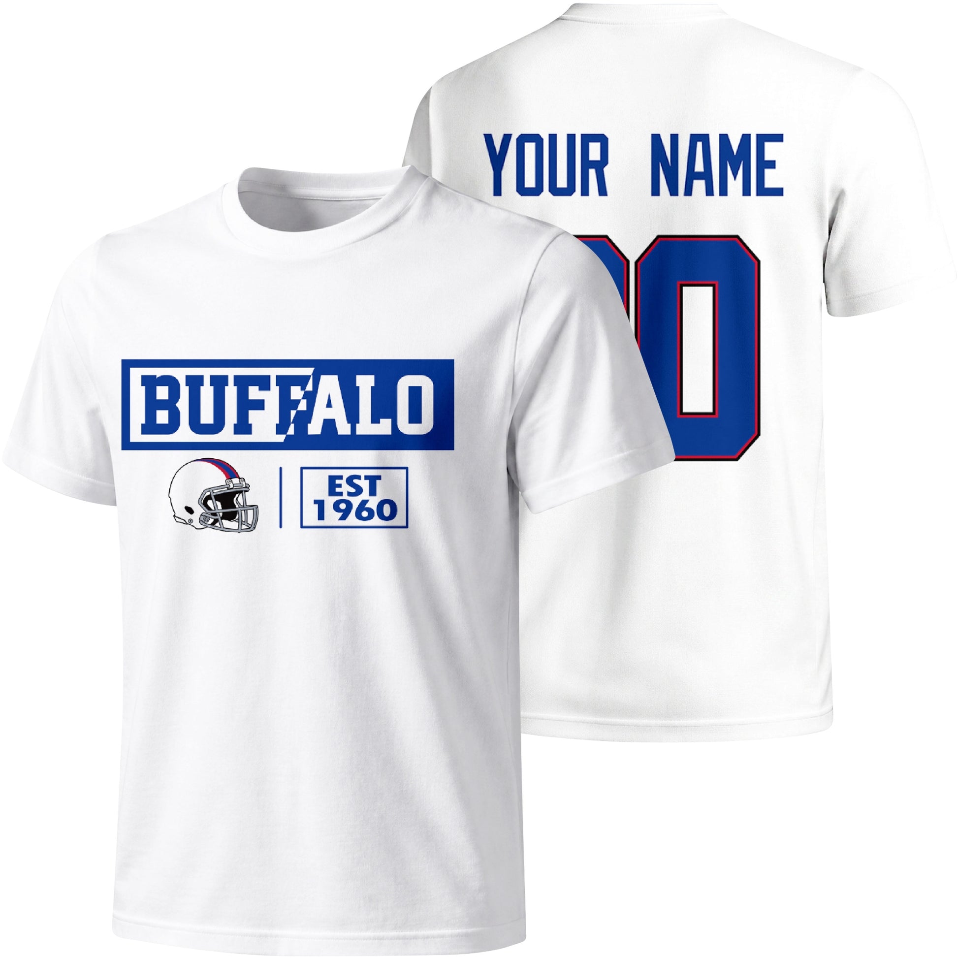 Buffalo personalized football badge T shirt in White showing front city helmet design and back custom name and number