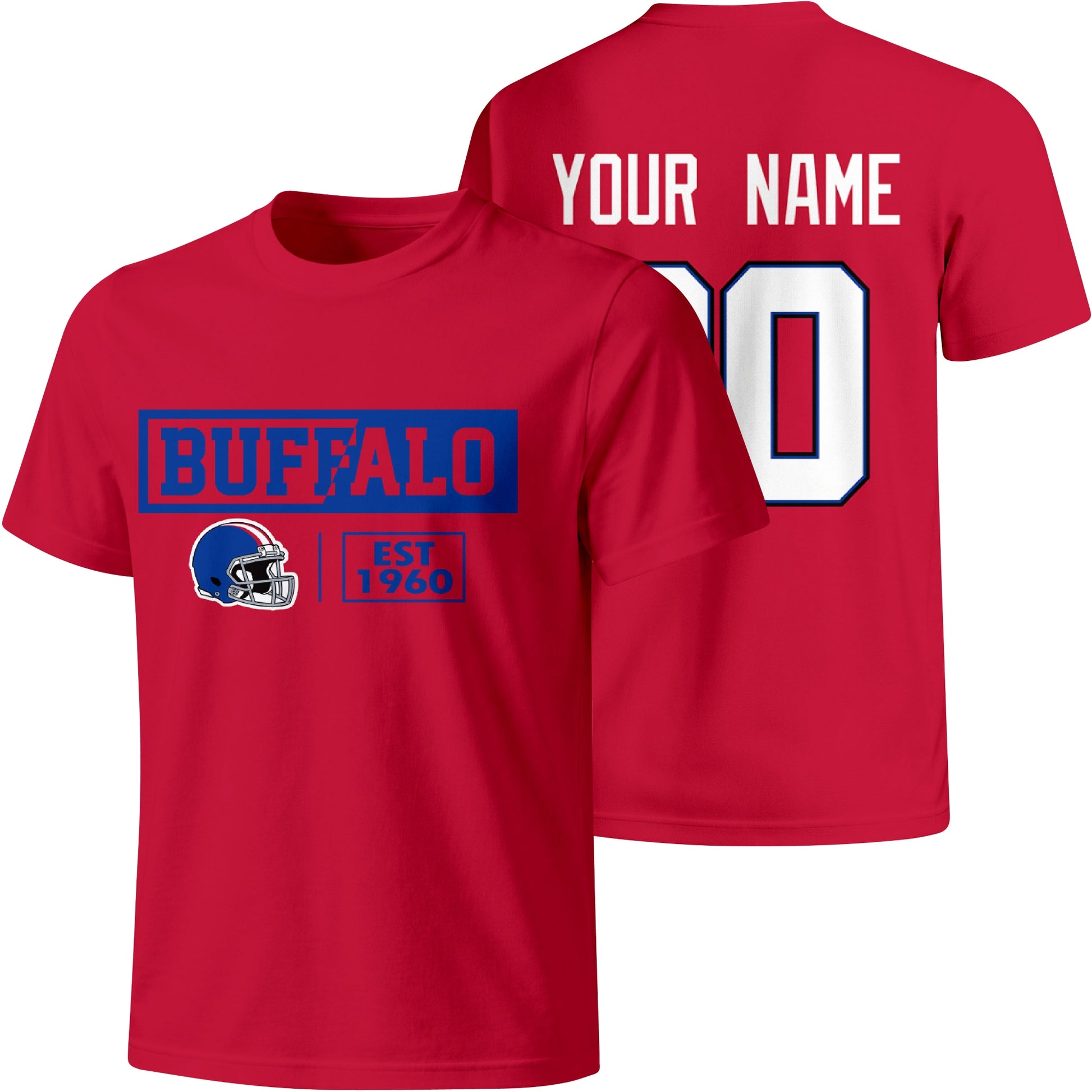 Buffalo personalized football badge T shirt in Red showing front city helmet design and back custom name and number