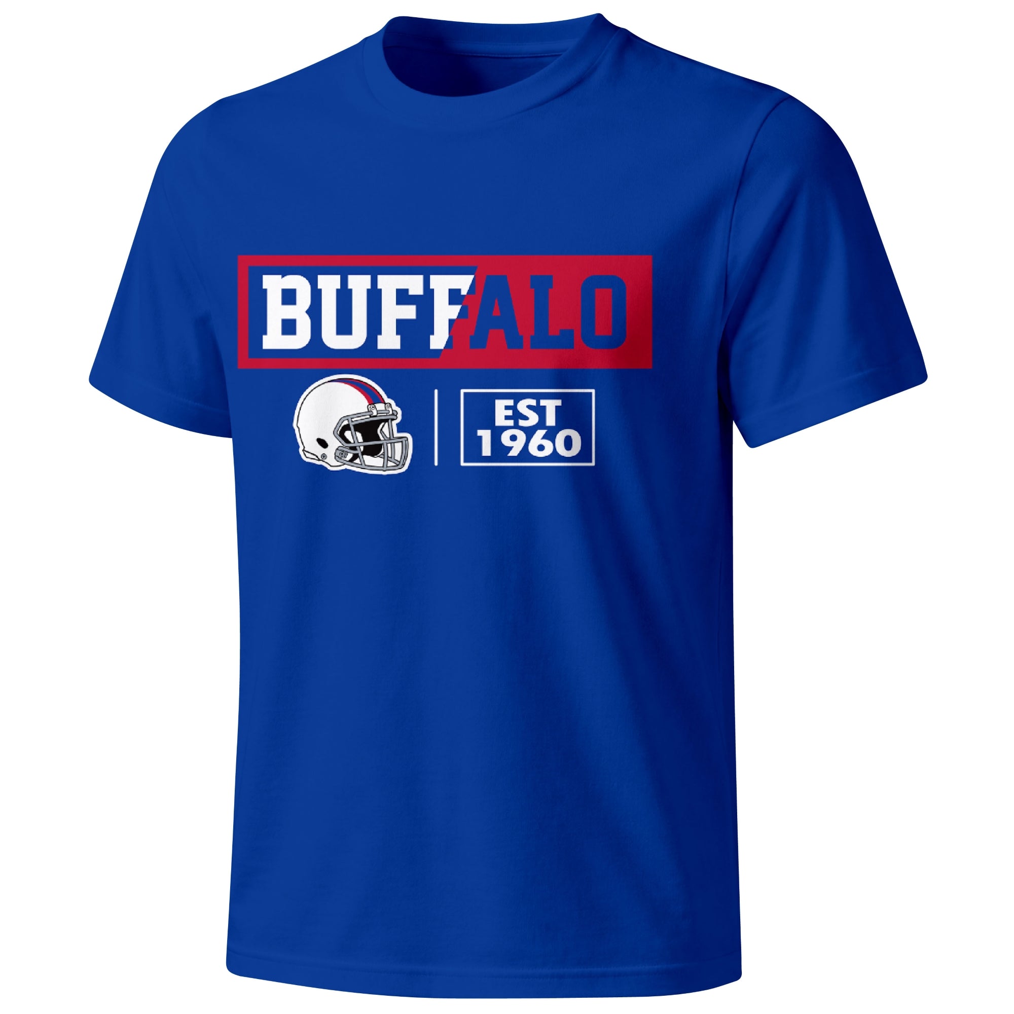 Buffalo football badge T shirt in Royal showing the front city and football helmet design