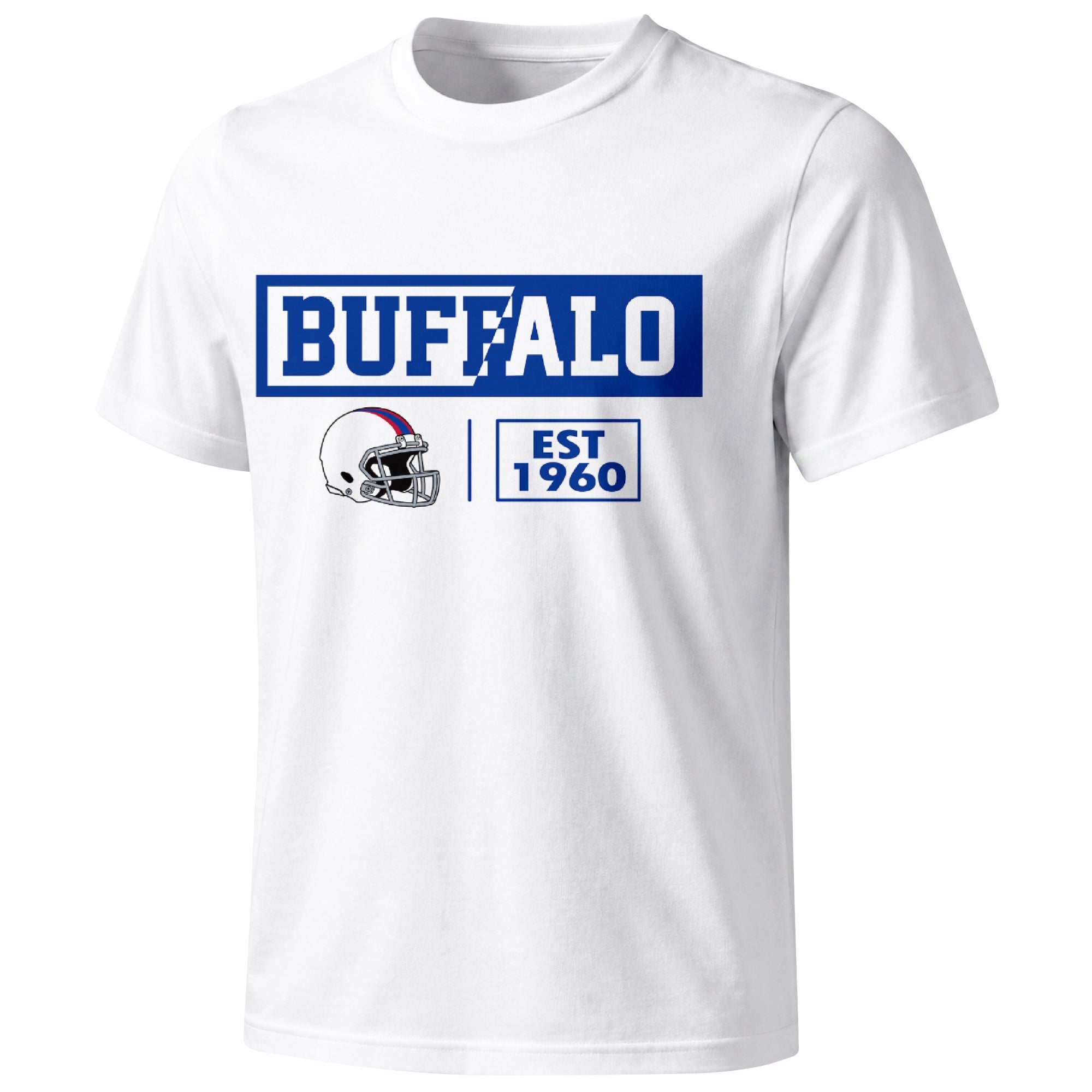 Buffalo football badge T shirt in White showing the front city and football helmet design